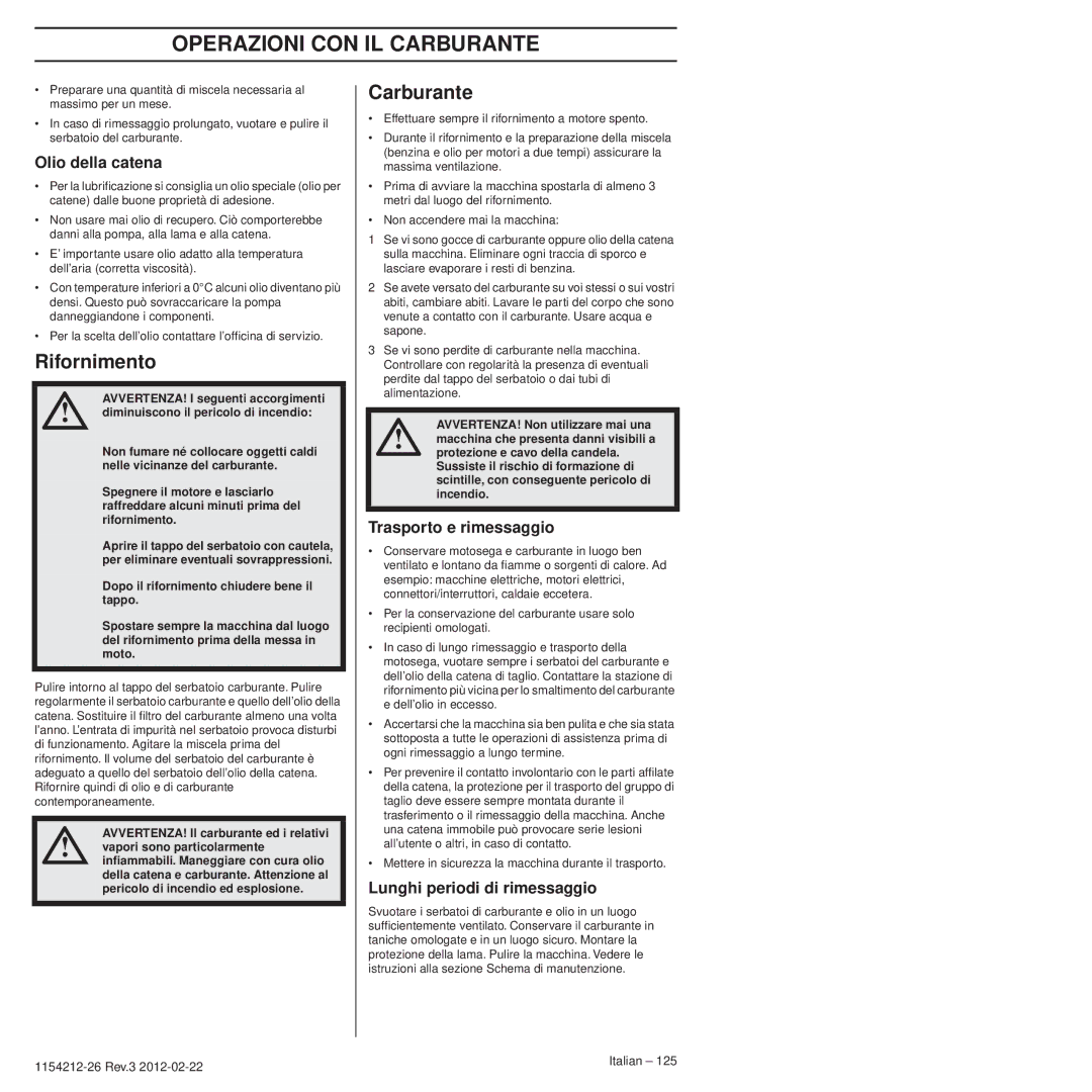 Husqvarna 952802154 Operazioni CON IL Carburante, Rifornimento, Olio della catena, Trasporto e rimessaggio 