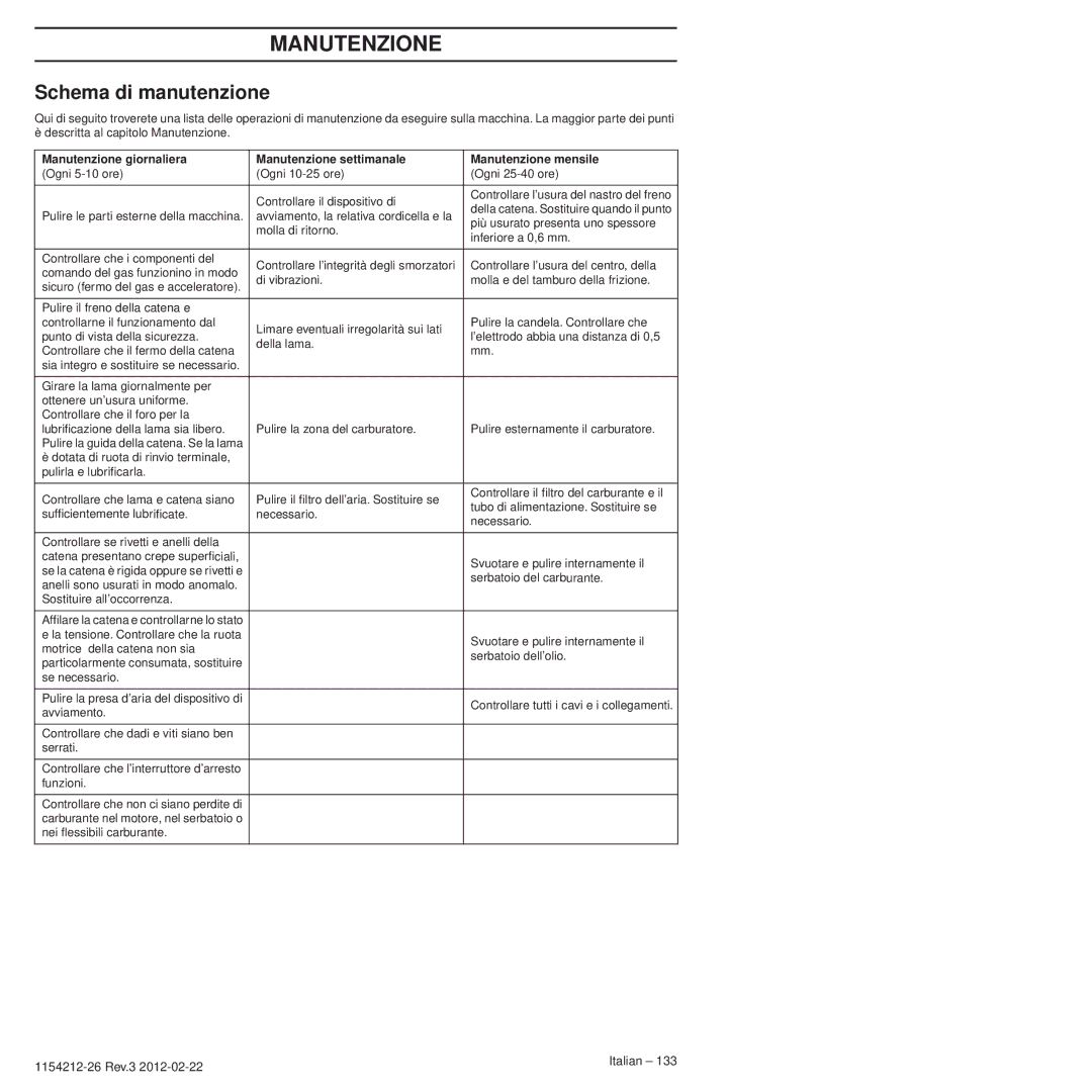 Husqvarna 952802154 manuel dutilisation Schema di manutenzione 