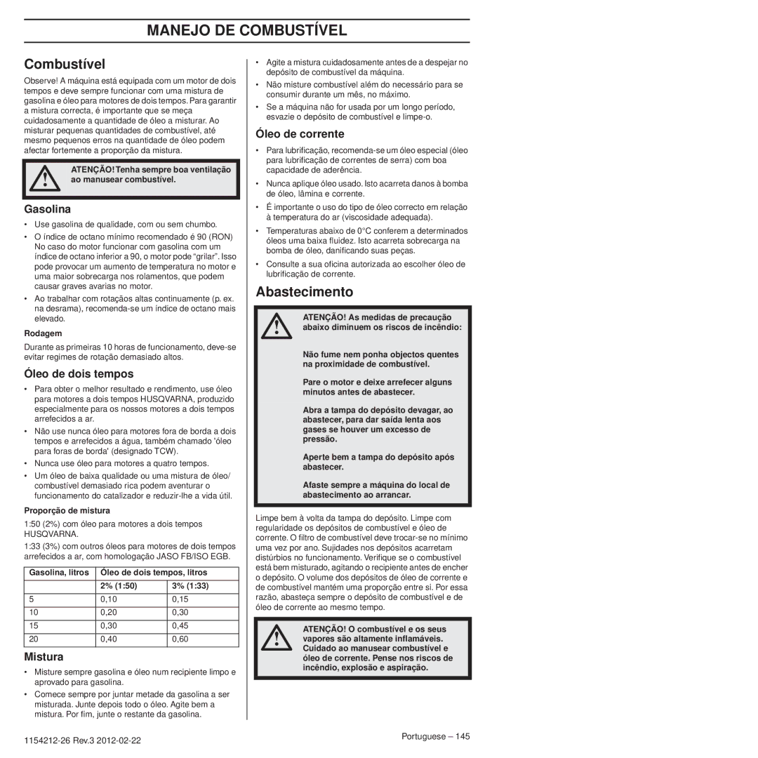 Husqvarna 952802154 manuel dutilisation Manejo DE Combustível, Abastecimento 