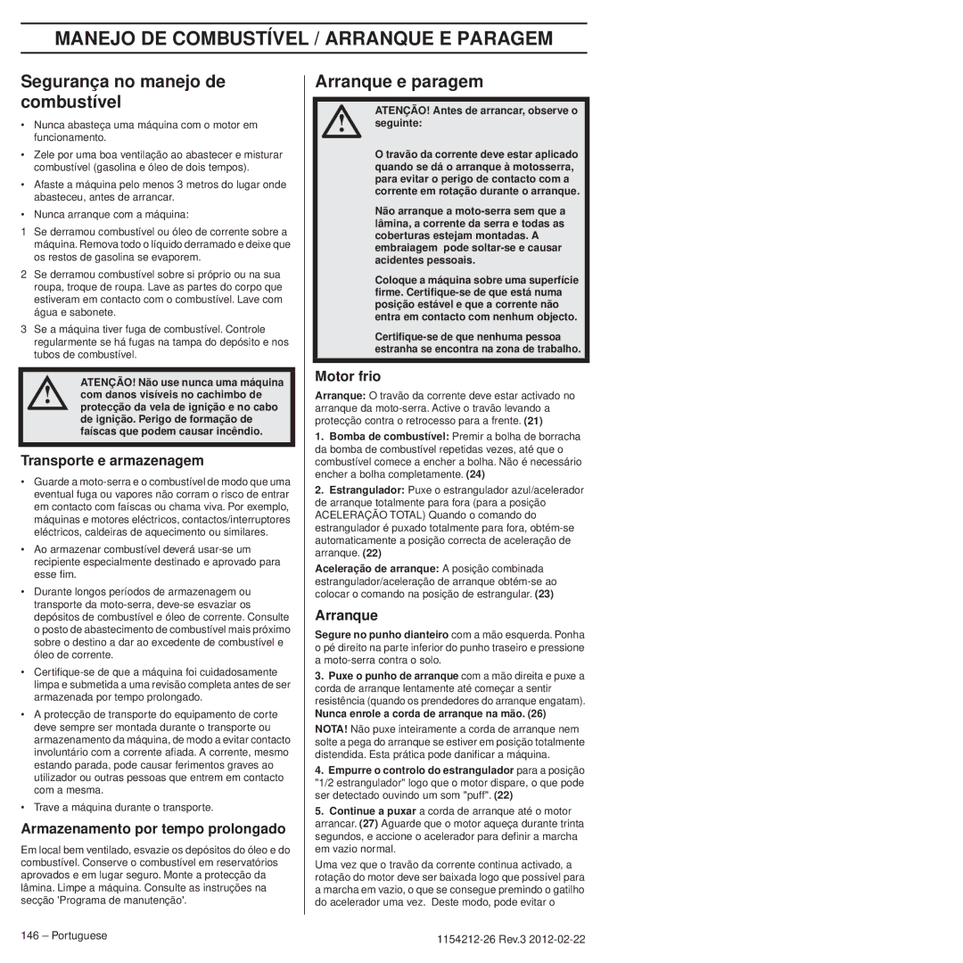 Husqvarna 952802154 Manejo DE Combustível / Arranque E Paragem, Segurança no manejo de combustível, Arranque e paragem 