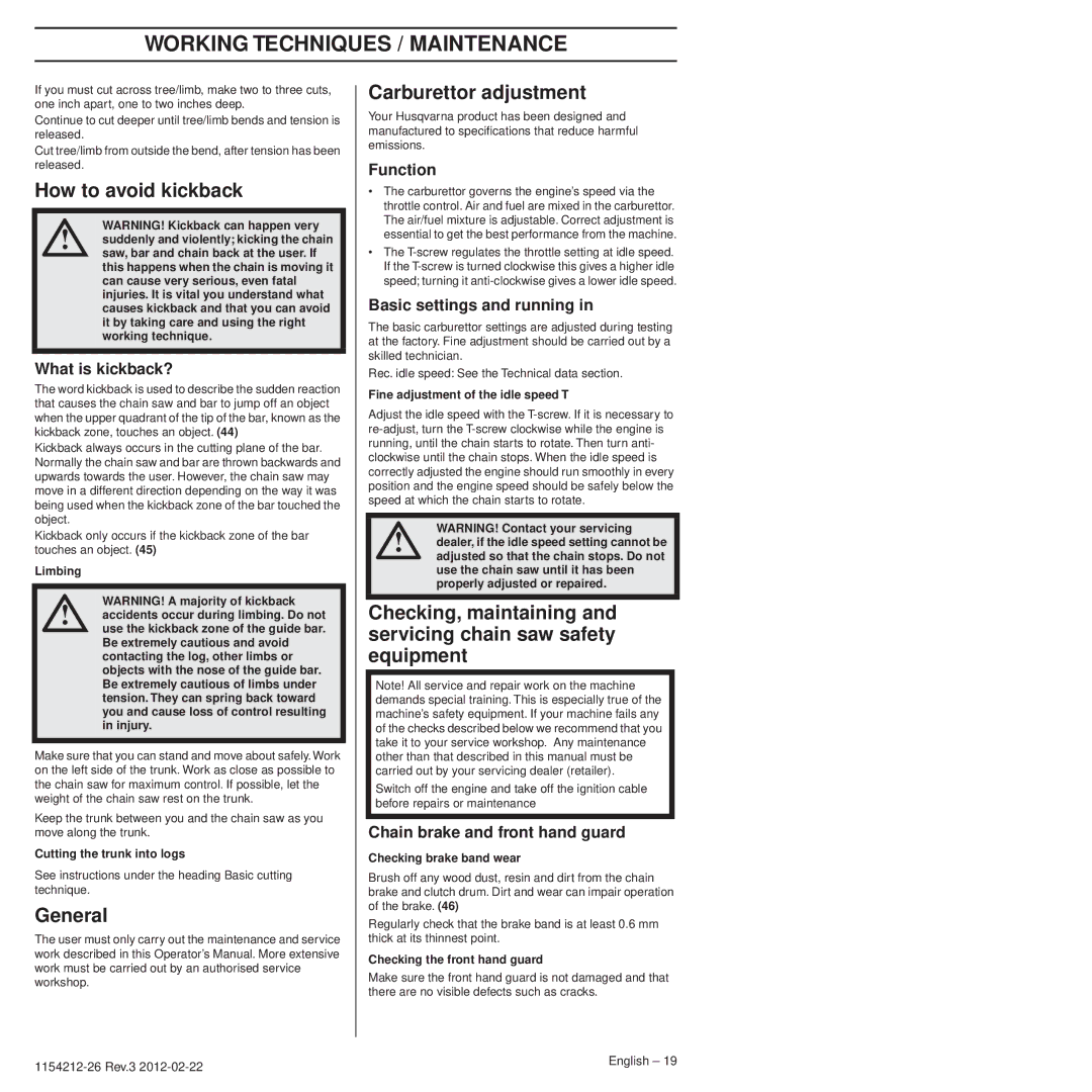 Husqvarna 952802154 Working Techniques / Maintenance, How to avoid kickback, General, Carburettor adjustment 