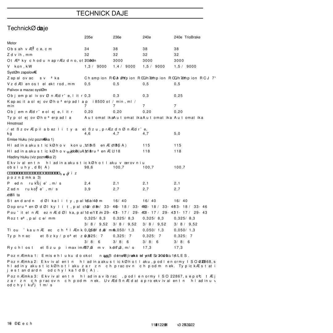 Husqvarna 952802154 manuel dutilisation Technické Údaje, Technické údaje, Ekvivalentní hladiny vibrací, a hveq viz 