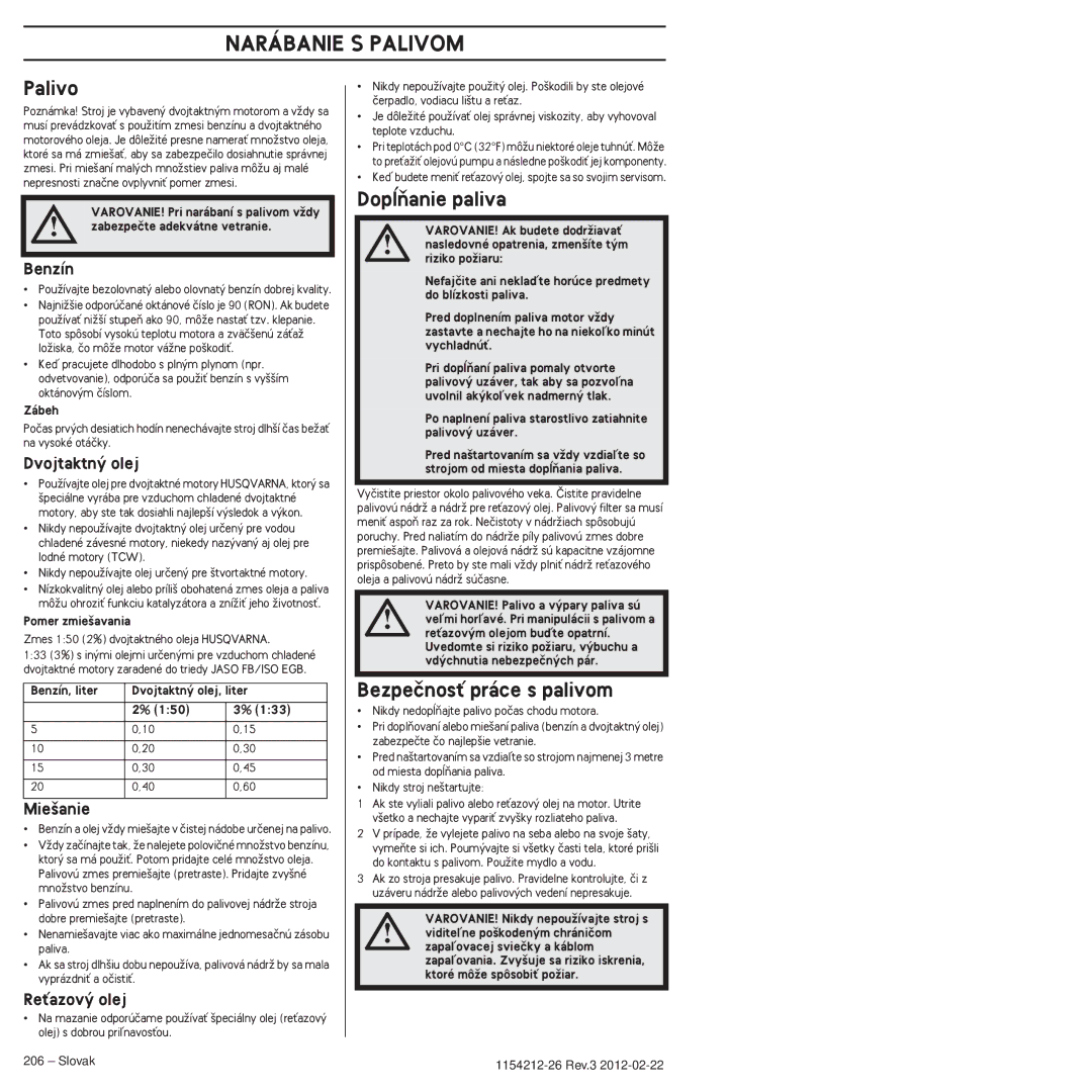 Husqvarna 952802154 manuel dutilisation Narábanie S Palivom, DopæÀanie paliva, BezpeãnosÈ práce s palivom 