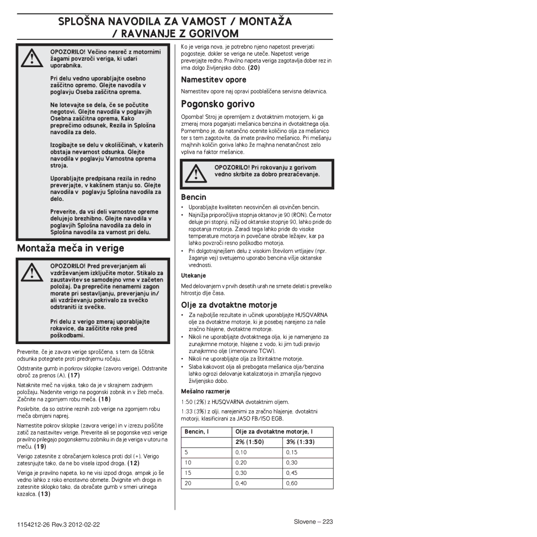 Husqvarna 952802154 SPLO·NA Navodila ZA Vamost / Montaîa Ravnanje Z Gorivom, MontaÏa meãa in verige, Pogonsko gorivo 
