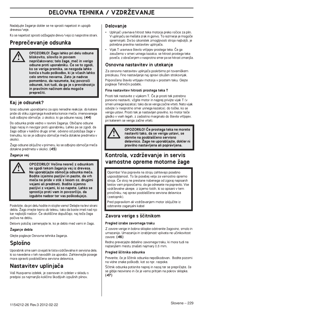 Husqvarna 952802154 manuel dutilisation Delovna Tehnika / Vzdrîevanje, Prepreãevanje odsunka, Splo‰no, Nastavitev uplinjaãa 