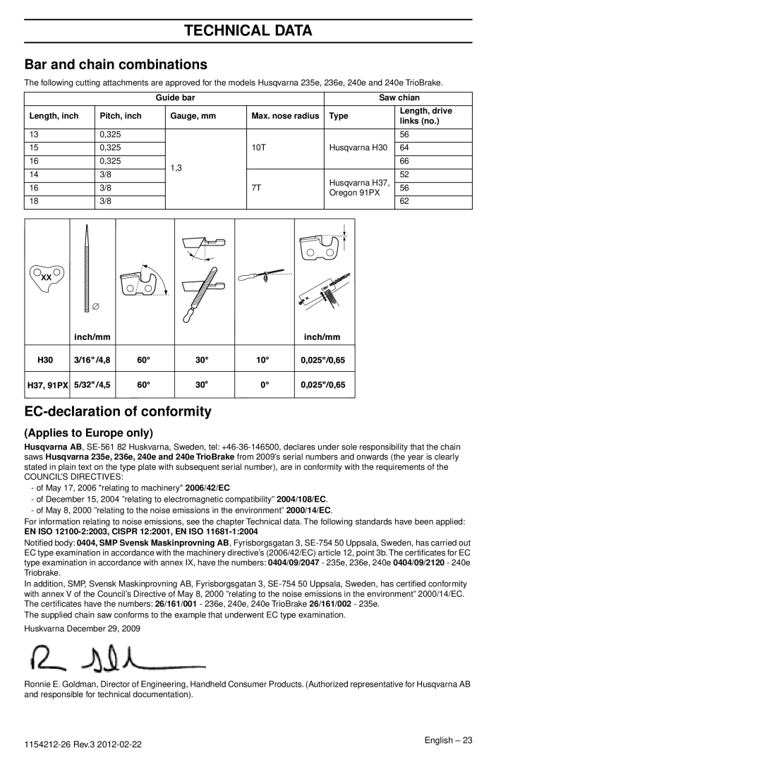 Husqvarna 952802154 manuel dutilisation Bar and chain combinations, EC-declaration of conformity, Applies to Europe only 