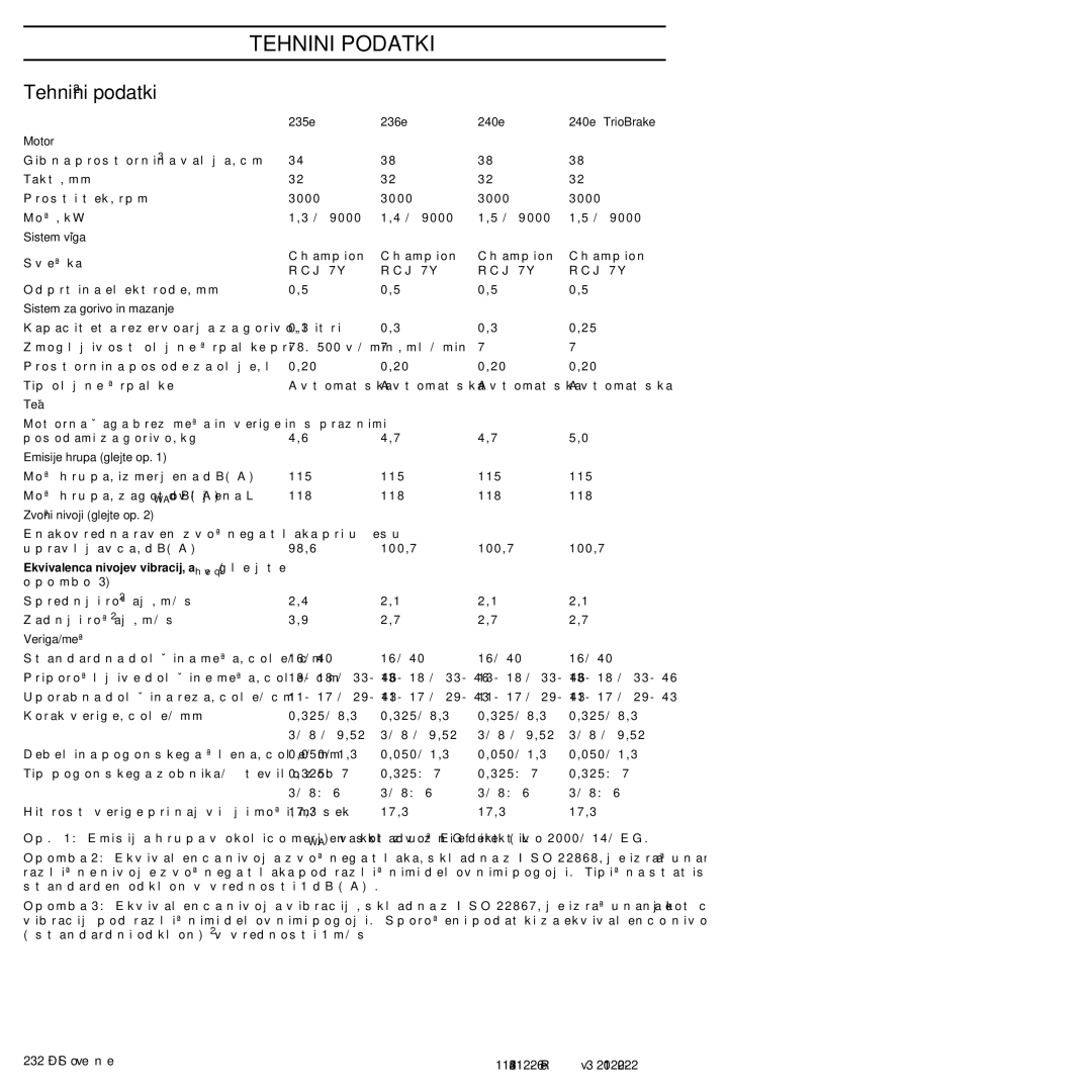 Husqvarna 952802154 manuel dutilisation TEHNIâNI Podatki, Tehniãni podatki, Ekvivalenca nivojev vibracij, ahveq glejte 