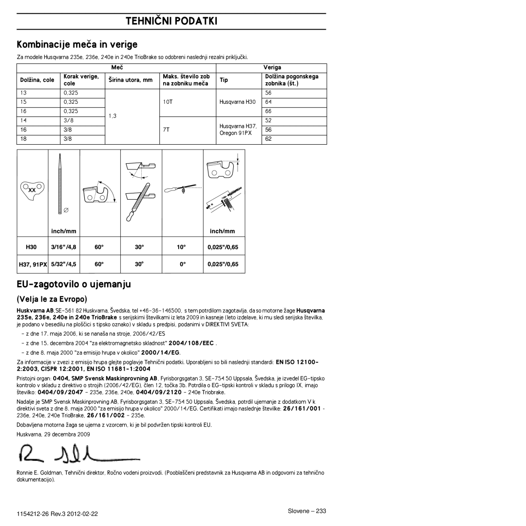 Husqvarna 952802154 manuel dutilisation Kombinacije meãa in verige, EU-zagotovilo o ujemanju, Velja le za Evropo 