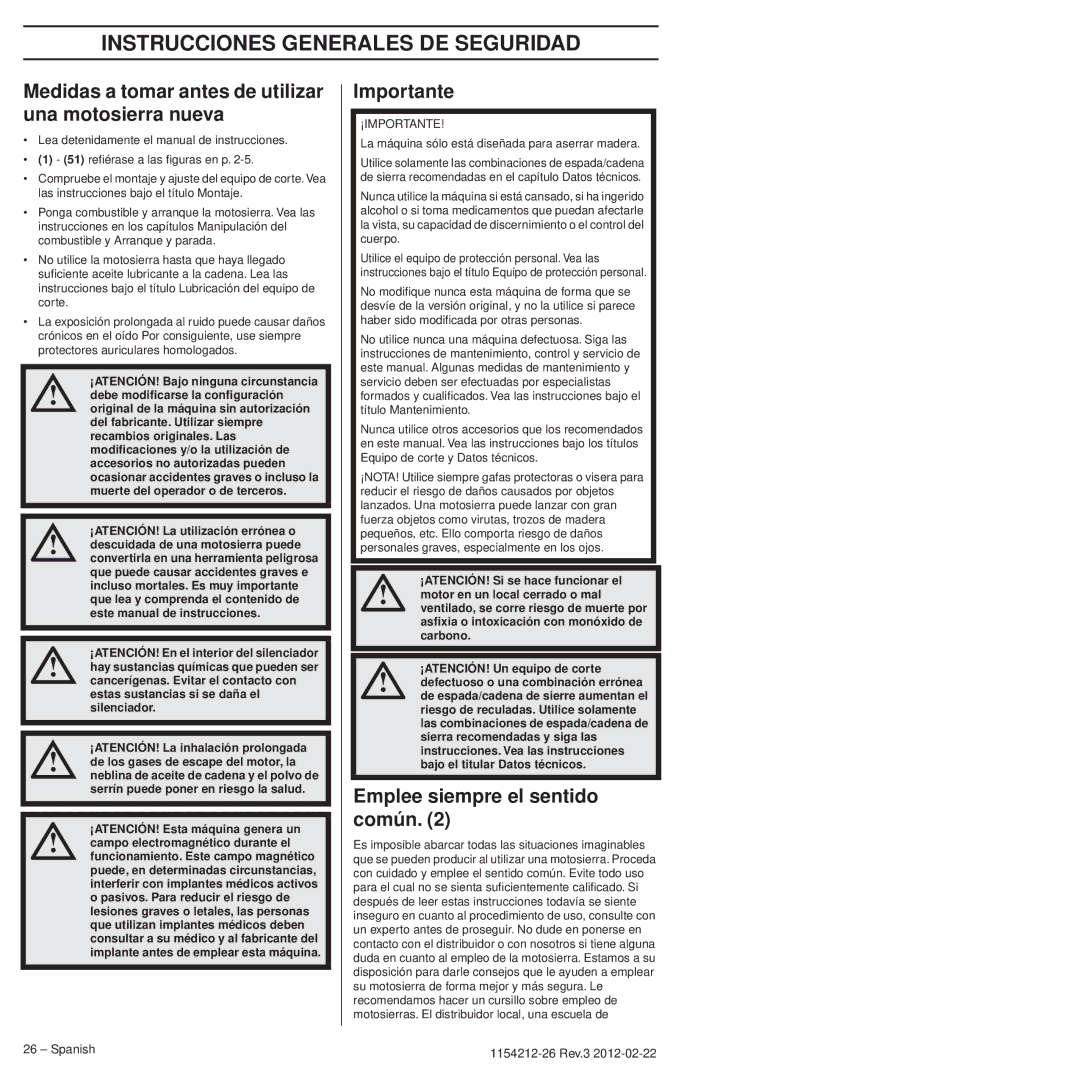 Husqvarna 952802154 Instrucciones Generales DE Seguridad, Medidas a tomar antes de utilizar una motosierra nueva 