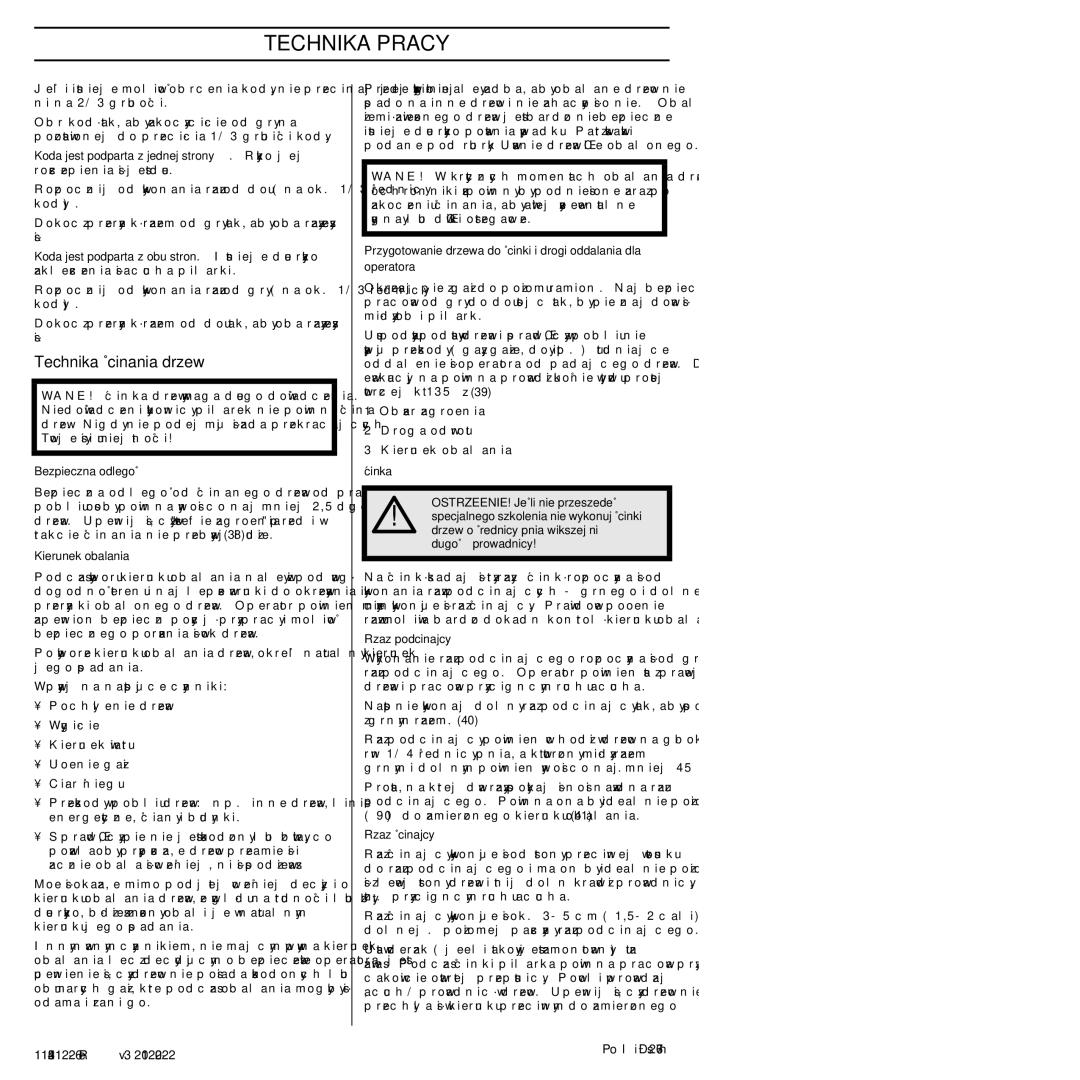 Husqvarna 952802154 Technika Êcinania drzew, Bezpieczna odleg∏oÊç, Kierunek obalania, Rzaz podcinajàcy, Rzaz Êcinajàcy 
