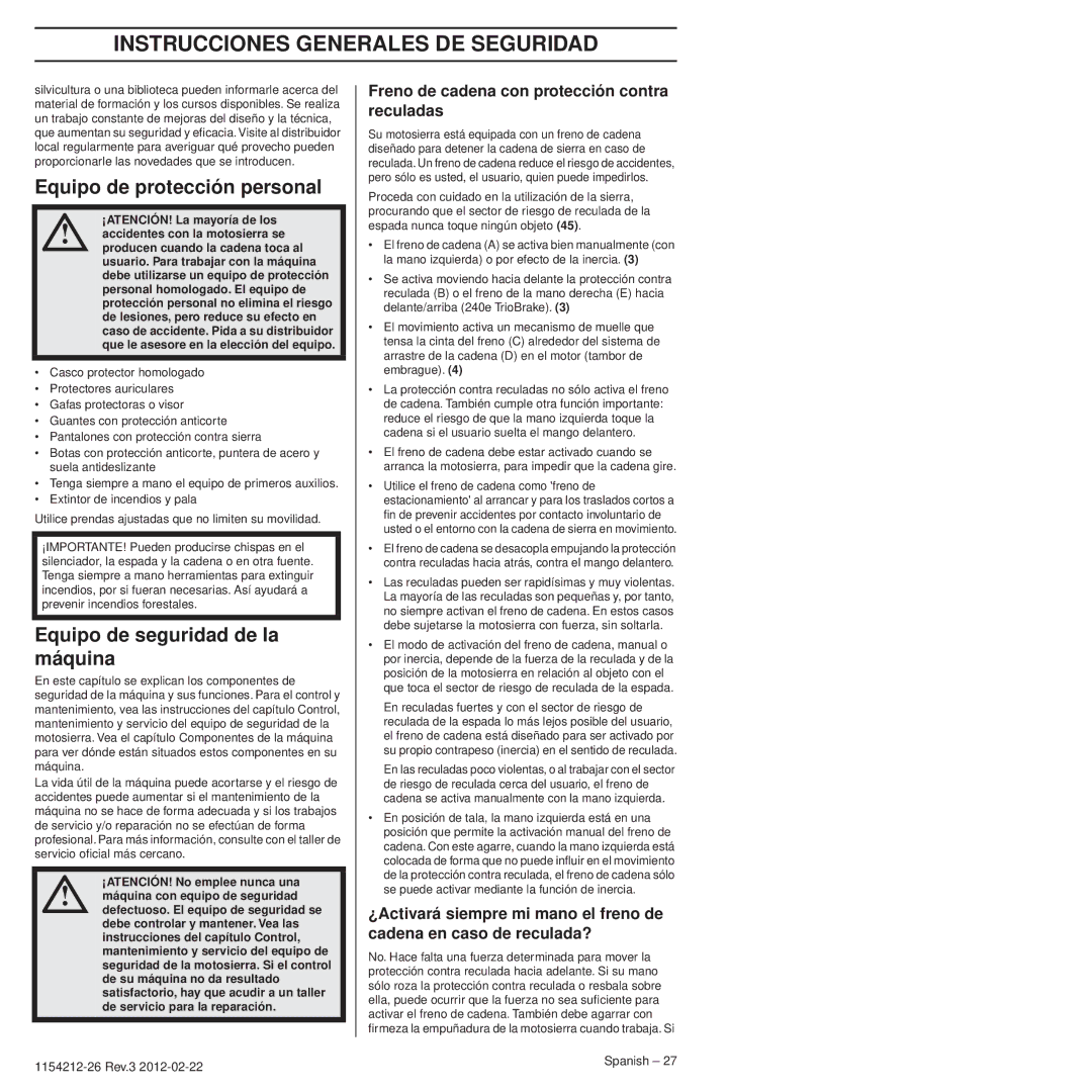 Husqvarna 952802154 manuel dutilisation Equipo de protección personal, Equipo de seguridad de la máquina 