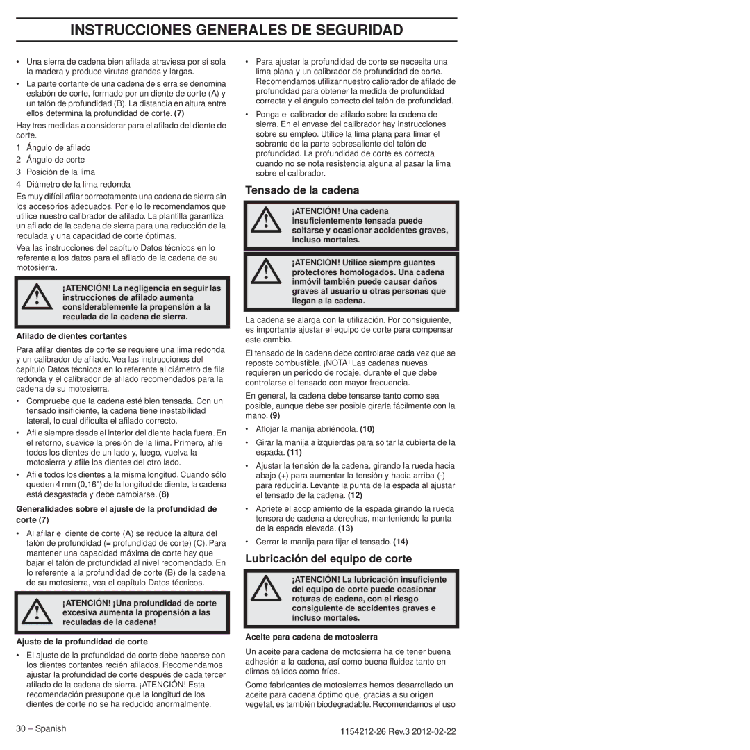 Husqvarna 952802154 manuel dutilisation Tensado de la cadena, Lubricación del equipo de corte 