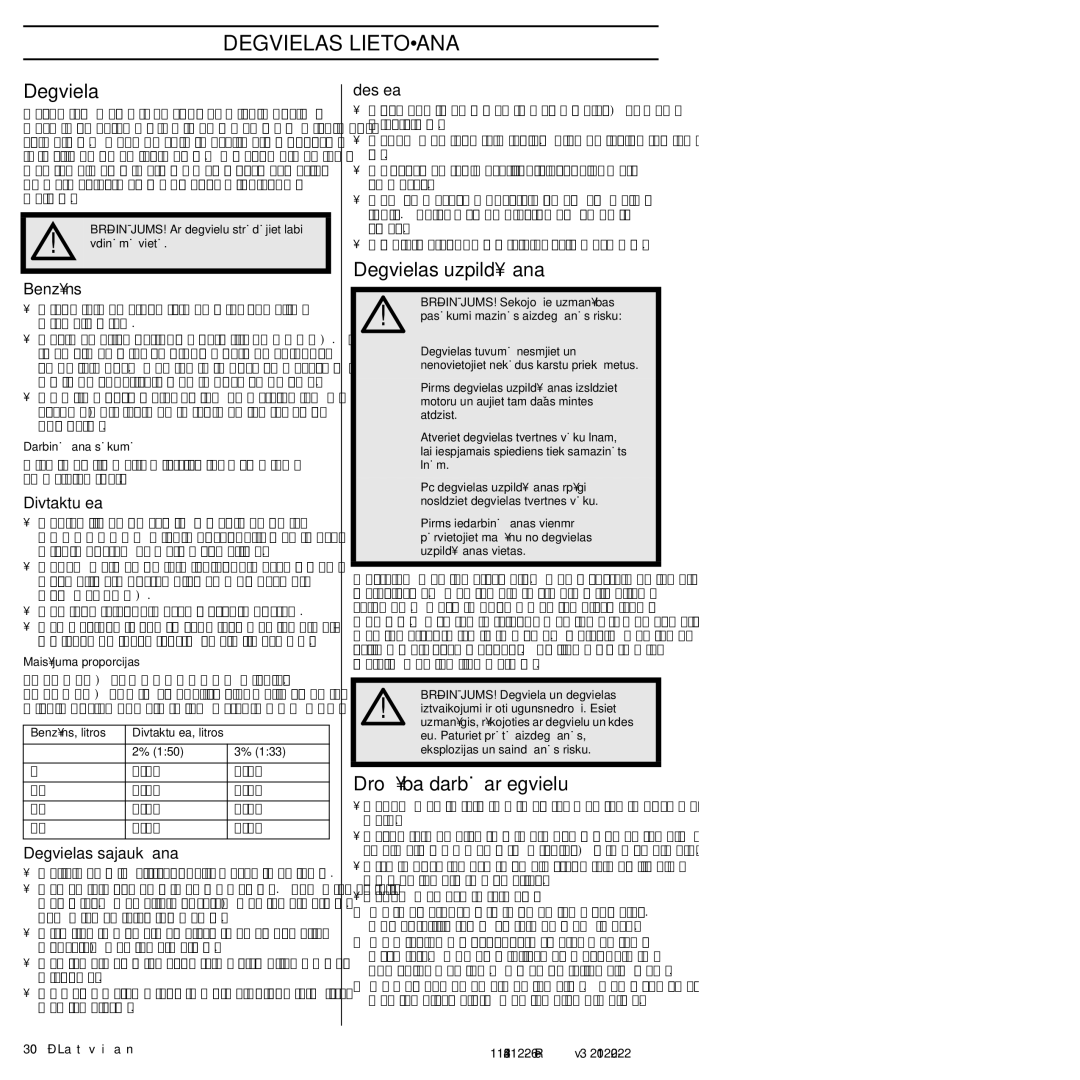 Husqvarna 952802154 manuel dutilisation Degvielas uzpild¥‰ana, Dro‰¥ba darbÇ ar egvielu 