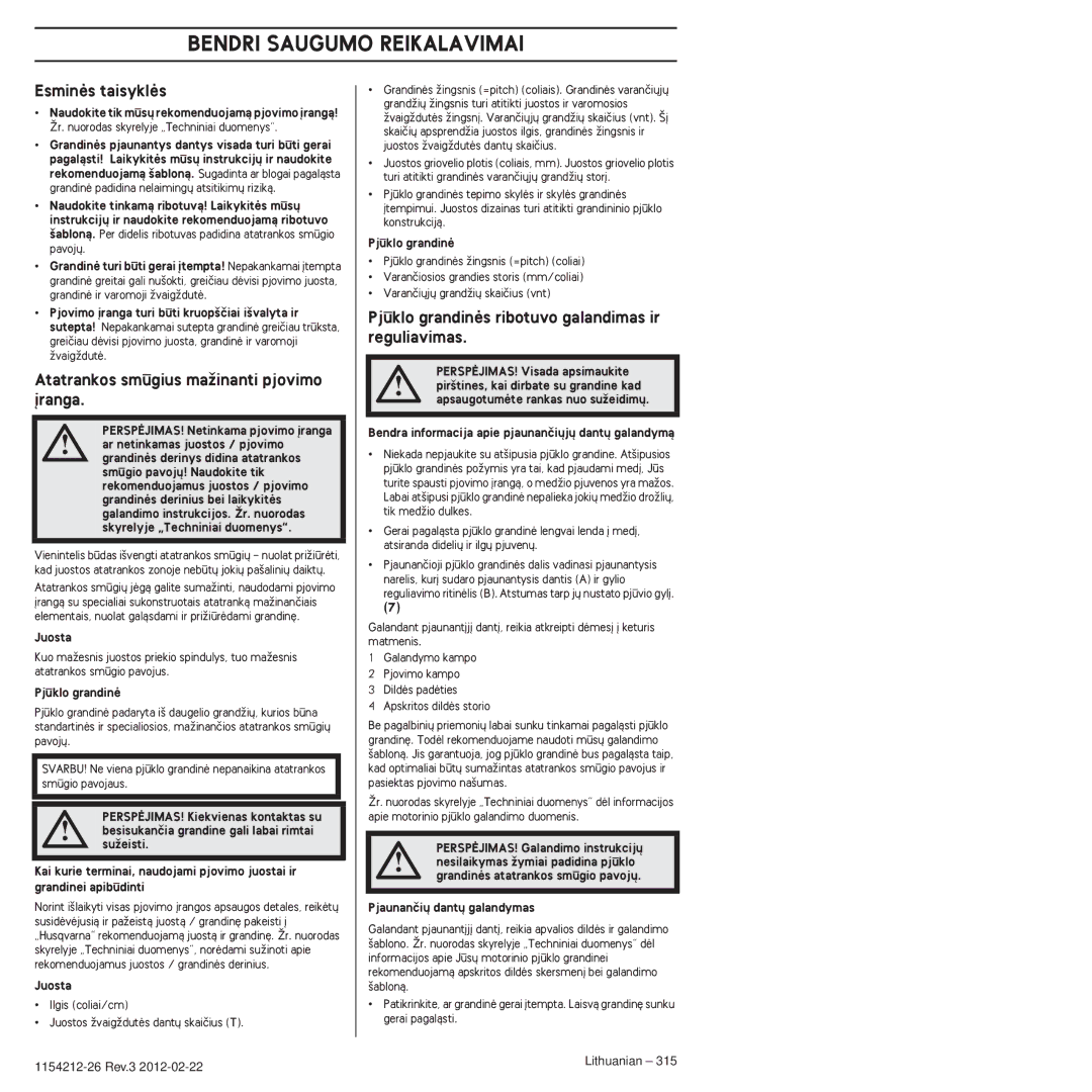 Husqvarna 952802154 manuel dutilisation Esminòs taisyklòs, Atatrankos smgius maÏinanti pjovimo ∞ranga 