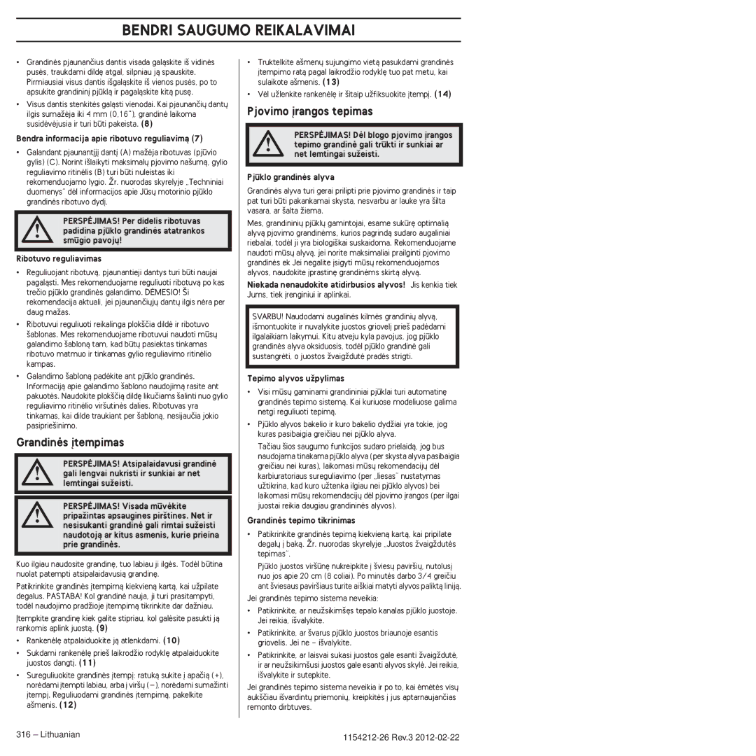 Husqvarna 952802154 manuel dutilisation Grandinòs ∞tempimas, Pjovimo ∞rangos tepimas 