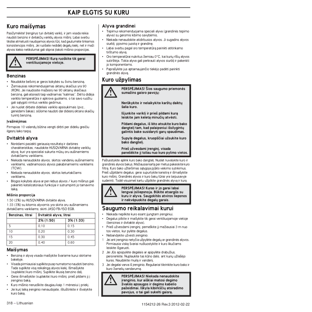 Husqvarna 952802154 manuel dutilisation Kaip Elgtis SU Kuru, Kuro mai‰ymas, Kuro uÏpylimas, Saugumo reikalavimai kurui 