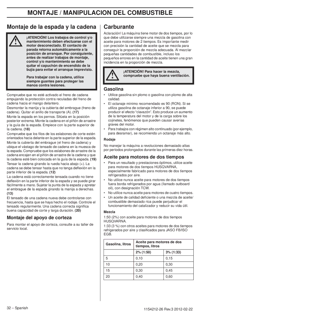 Husqvarna 952802154 Montaje / Manipulacion DEL Combustible, Montaje de la espada y la cadena, Carburante 