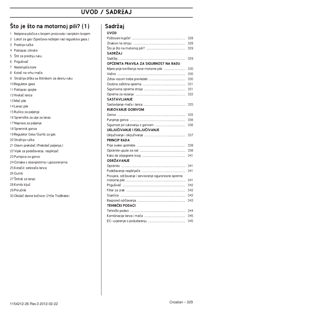 Husqvarna 952802154 manuel dutilisation UVODUVOD/ Sadrïaj, ·to je ‰to na motornoj pili?, SadrÏaj 