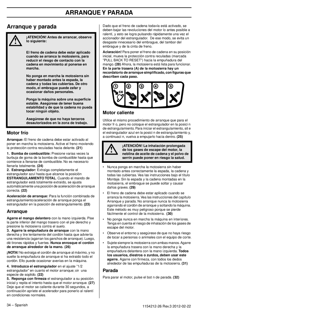Husqvarna 952802154 manuel dutilisation Arranque Y Parada, Arranque y parada 