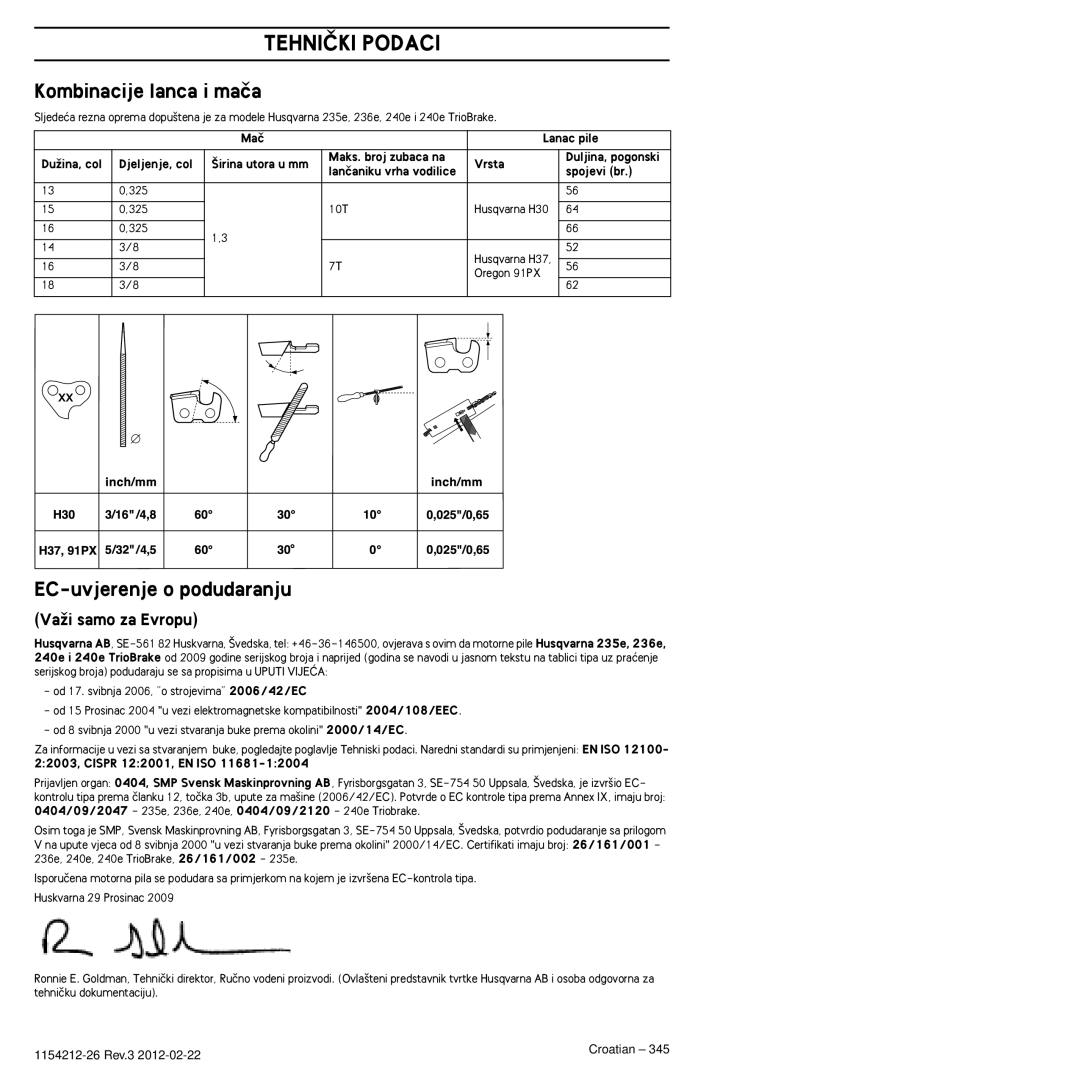 Husqvarna 952802154 manuel dutilisation Kombinacije lanca i maãa, EC-uvjerenje o podudaranju, VaÏi samo za Evropu 