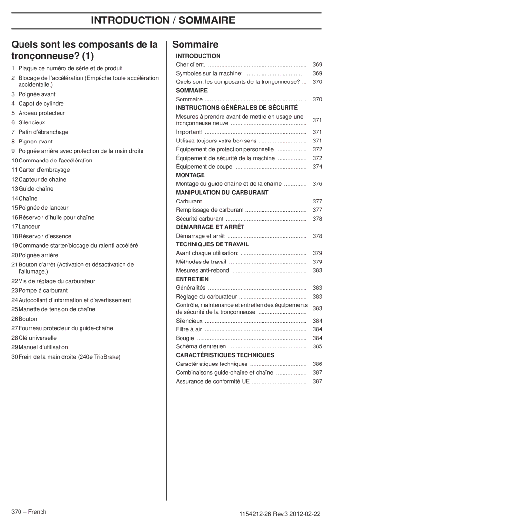 Husqvarna 952802154 manuel dutilisation INTRODUCTIONINTRODUCTION/ Sommaire, Quels sont les composants de la tronçonneuse? 