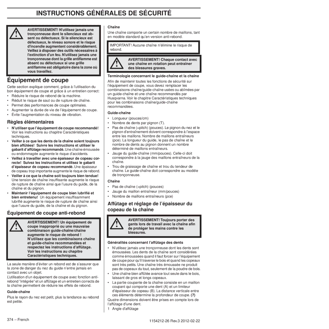 Husqvarna 952802154 manuel dutilisation Règles élémentaires, Équipement de coupe anti-rebond 