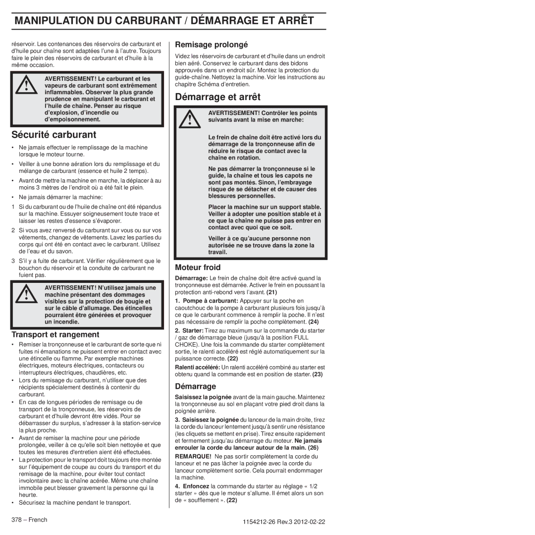 Husqvarna 952802154 manuel dutilisation Sécurité carburant, Démarrage et arrêt 