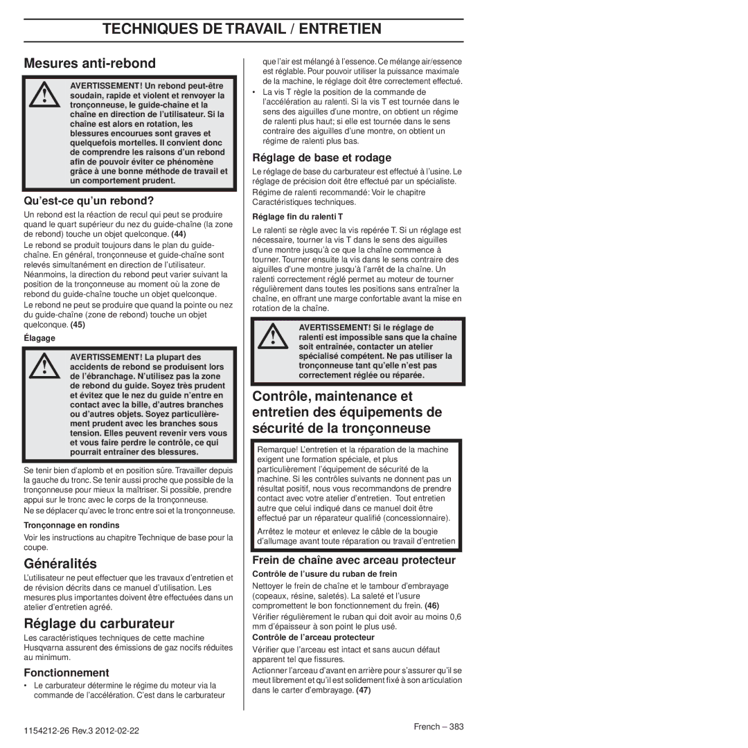 Husqvarna 952802154 Techniques Demontagetravail / Entretien, Mesures anti-rebond, Généralités, Réglage du carburateur 