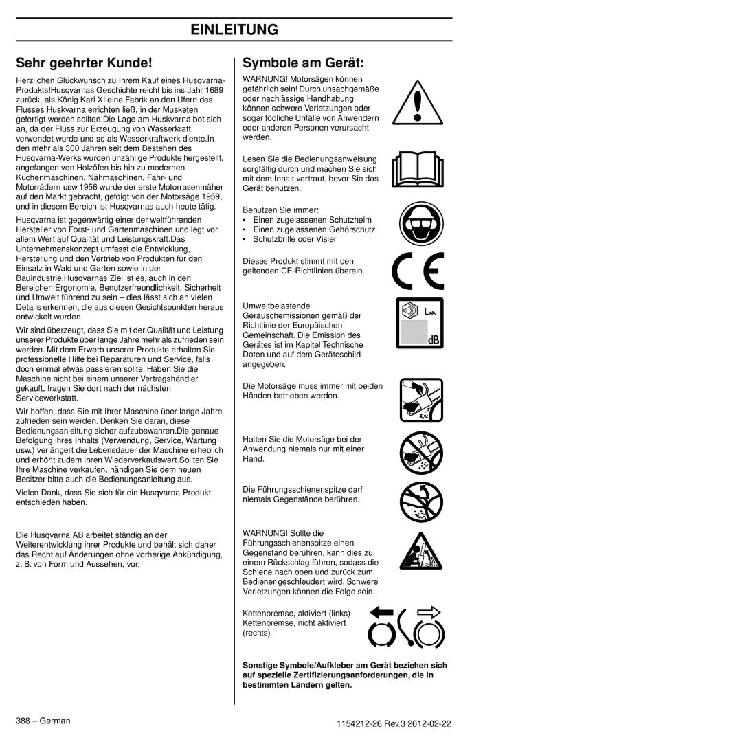 Husqvarna 952802154 manuel dutilisation Einleitung, Sehr geehrter Kunde, Symbole am Gerät, German 1154212-26 Rev.3 