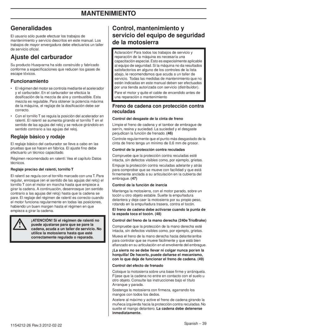 Husqvarna 952802154 Mantenimiento, Generalidades, Ajuste del carburador, Funcionamiento, Reglaje básico y rodaje 