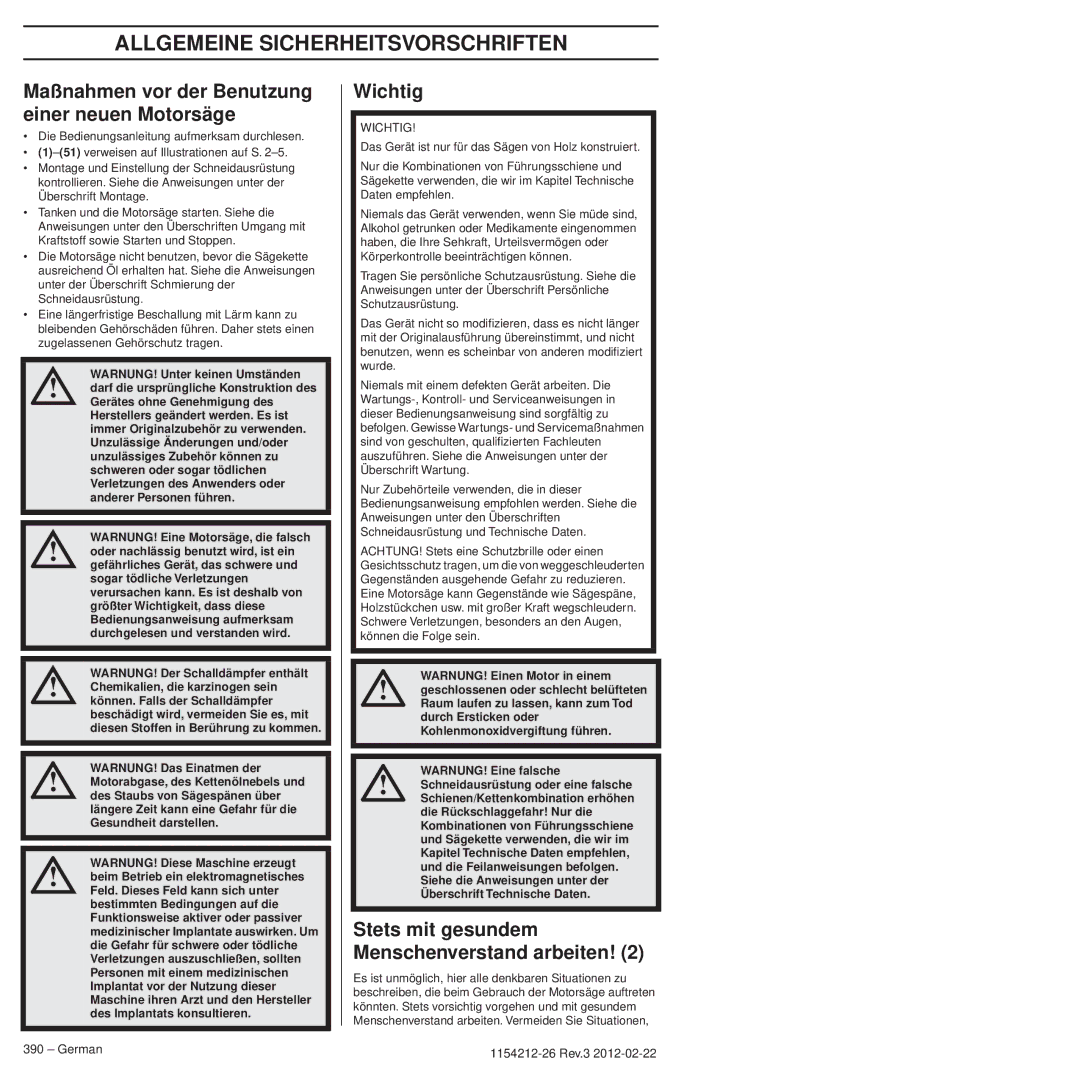 Husqvarna 952802154 manuel dutilisation Allgemeine Sicherheitsvorschriften, Wichtig 