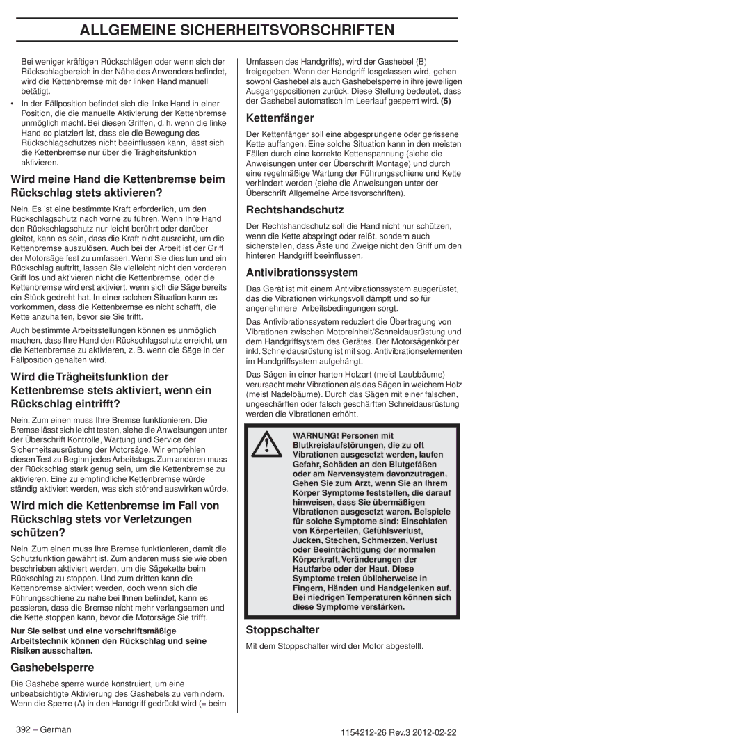 Husqvarna 952802154 manuel dutilisation Gashebelsperre, Kettenfänger, Rechtshandschutz, Antivibrationssystem, Stoppschalter 