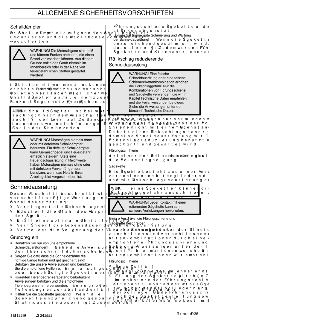 Husqvarna 952802154 manuel dutilisation Schalldämpfer, Grundregeln, Rückschlag reduzierende Schneidausrüstung 