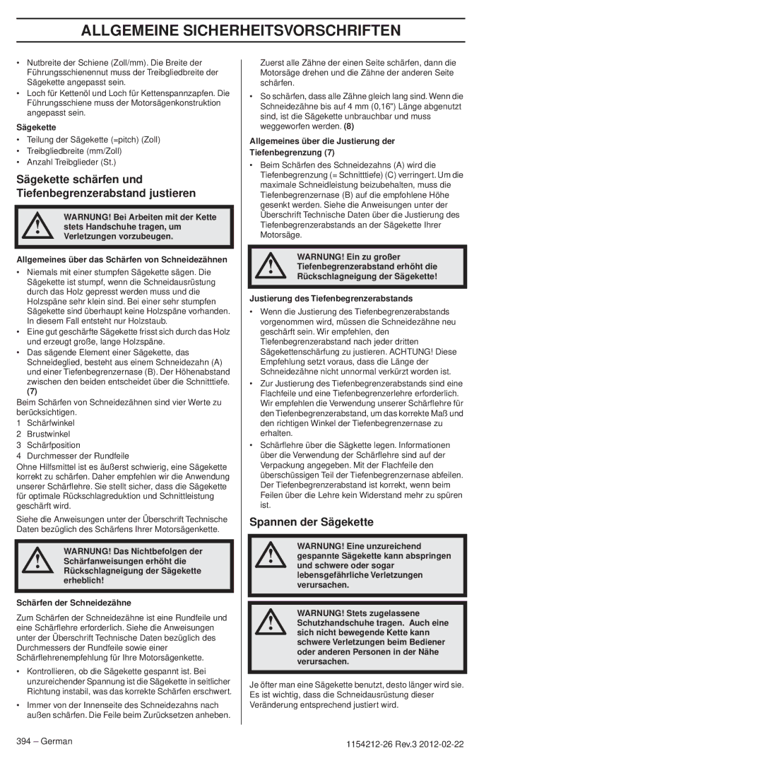 Husqvarna 952802154 manuel dutilisation Sägekette schärfen und Tiefenbegrenzerabstand justieren, Spannen der Sägekette 