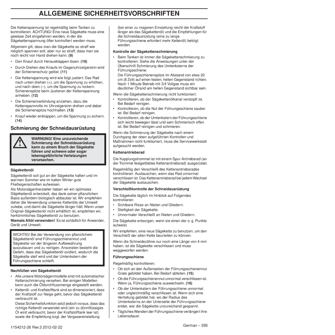 Husqvarna 952802154 Schmierung der Schneidausrüstung, Nachfüllen von Sägekettenöl, Kontrolle der Sägekettenschmierung 