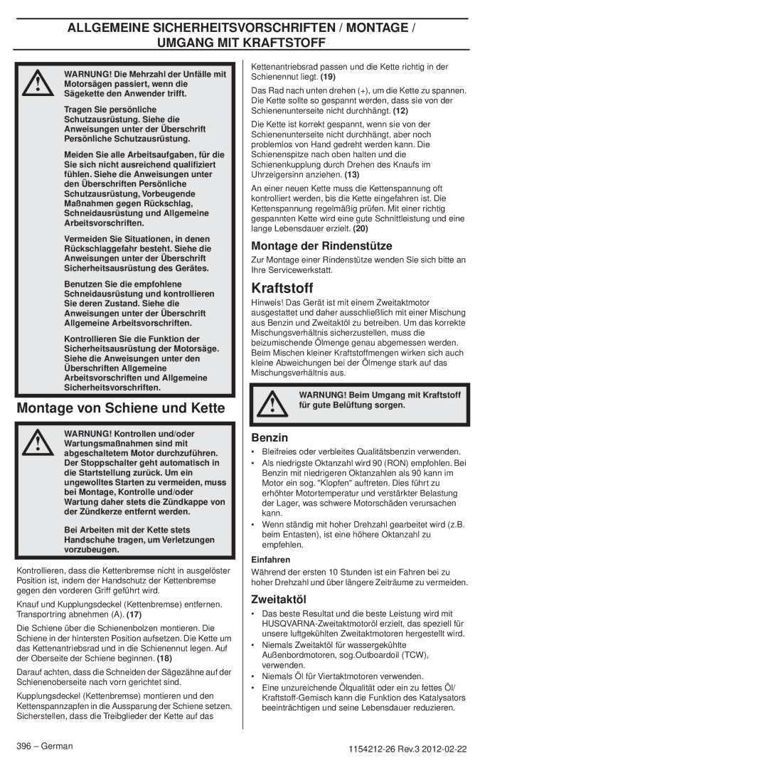 Husqvarna 952802154 manuel dutilisation Montage von Schiene und Kette, Kraftstoff, Montage der Rindenstütze, Zweitaktöl 