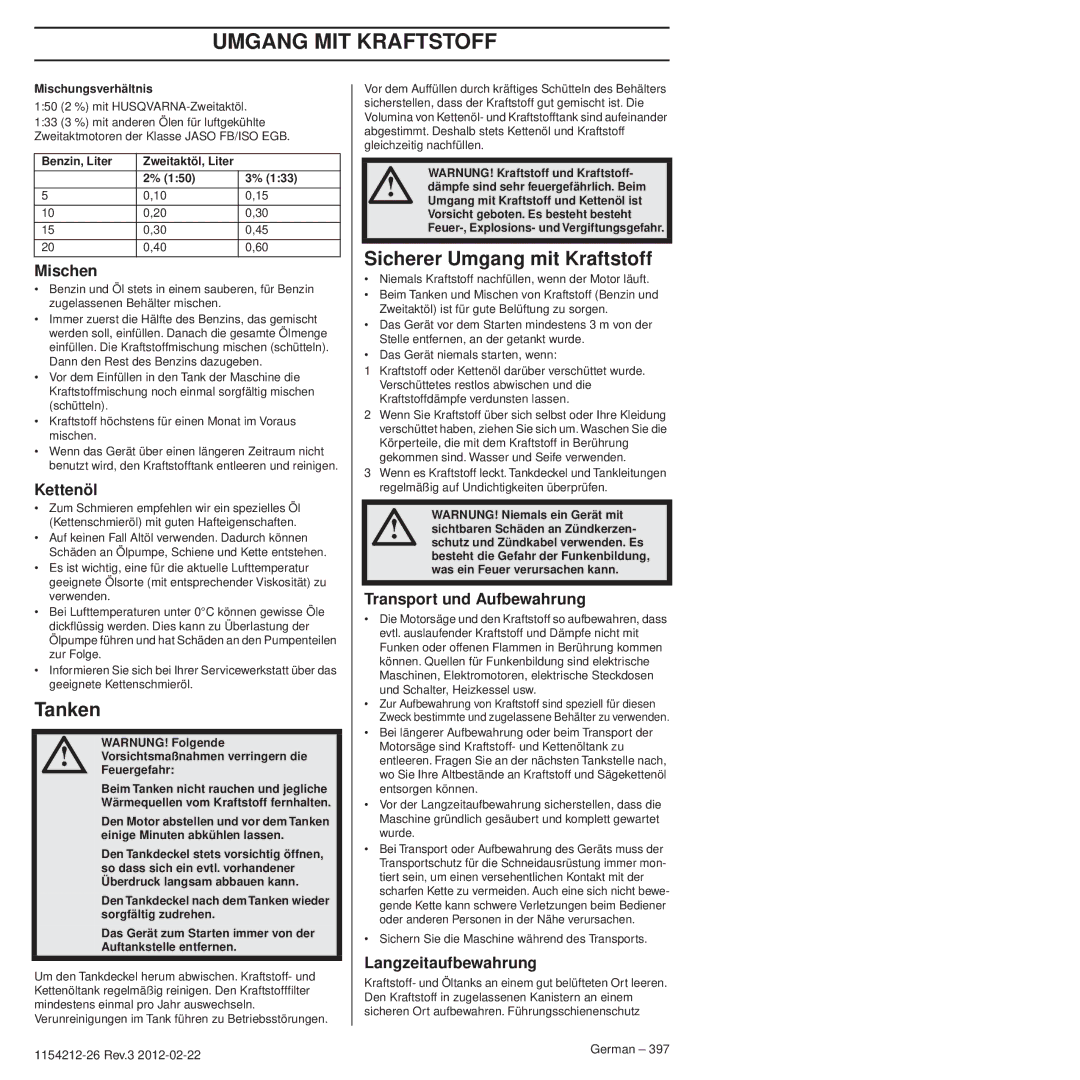 Husqvarna 952802154 manuel dutilisation Tanken, Sicherer Umgang mit Kraftstoff 