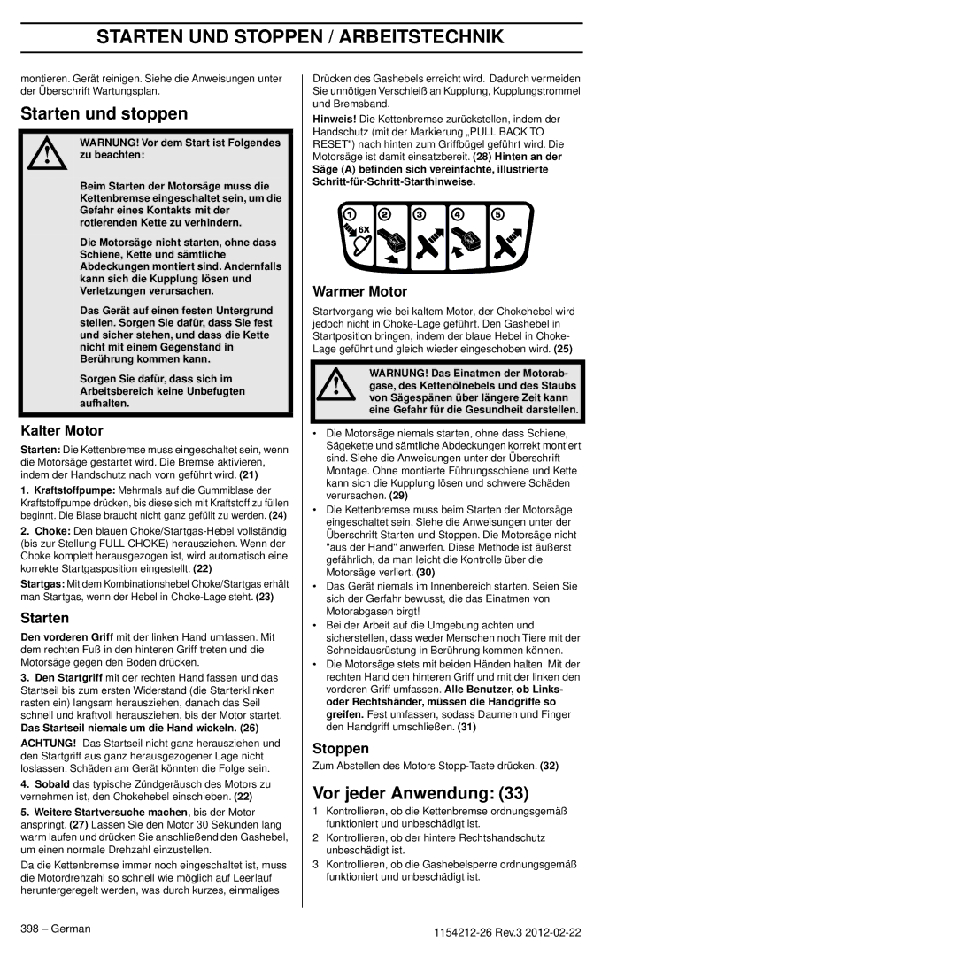 Husqvarna 952802154 manuel dutilisation Starten und stoppen, Vor jeder Anwendung 