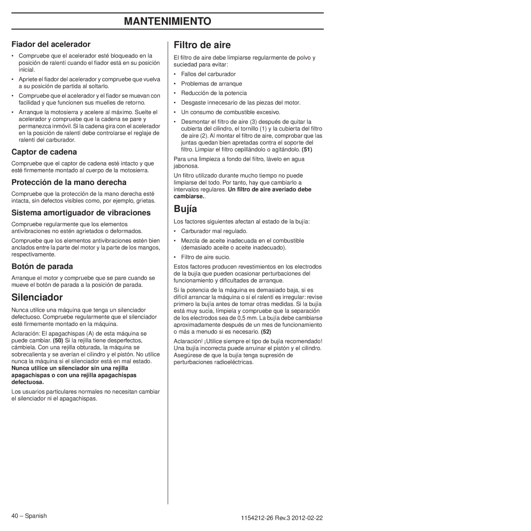 Husqvarna 952802154 manuel dutilisation Silenciador, Bujía, Cambiarse, Filtro de aire sucio 