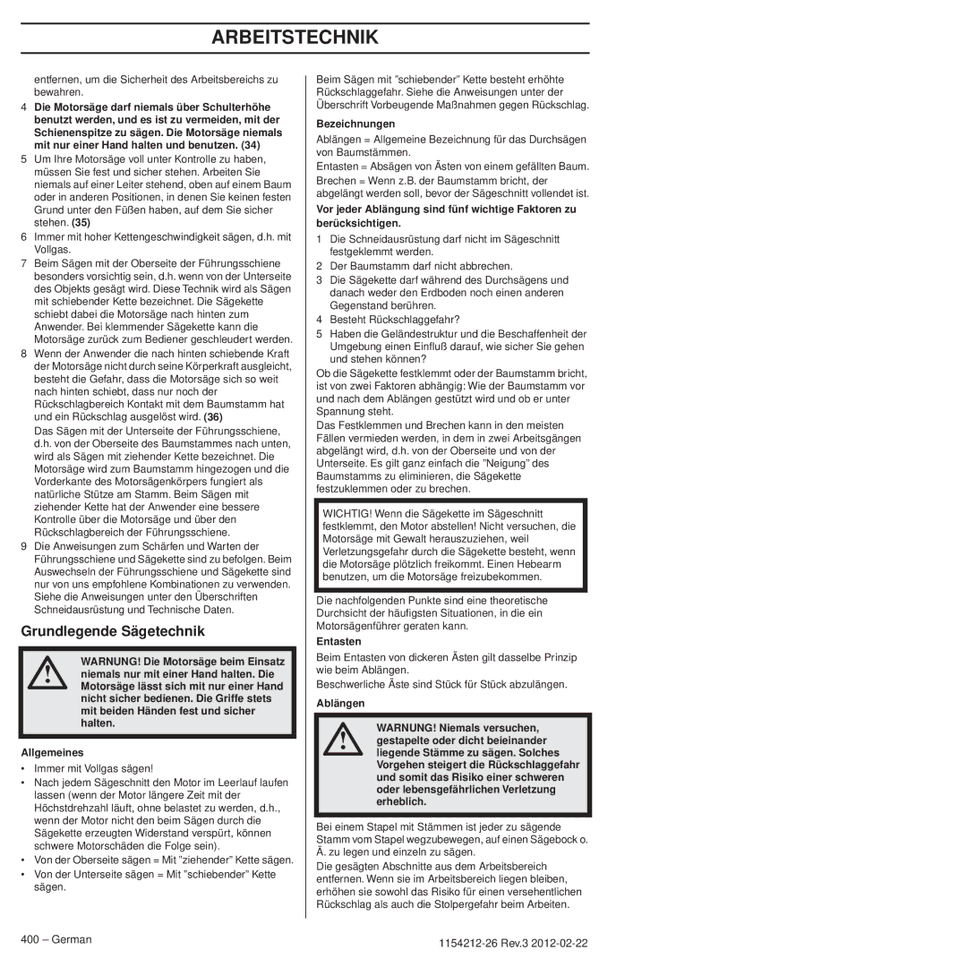 Husqvarna 952802154 manuel dutilisation Umgangarbeitstechnikmit Kraftstoff, Grundlegende Sägetechnik 
