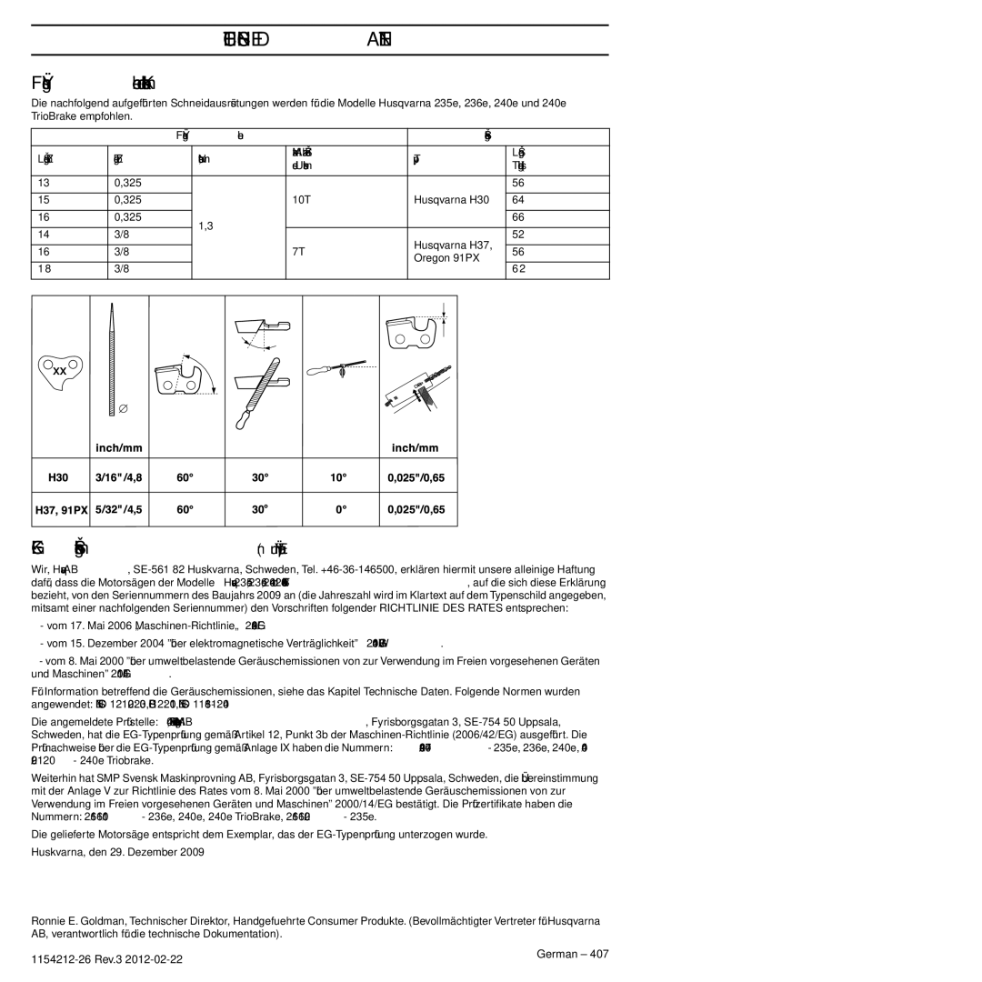 Husqvarna 952802154 manuel dutilisation Führungsschienen- und Kettenkombinationen, EG-Konformitätserklärung nur für Europa 