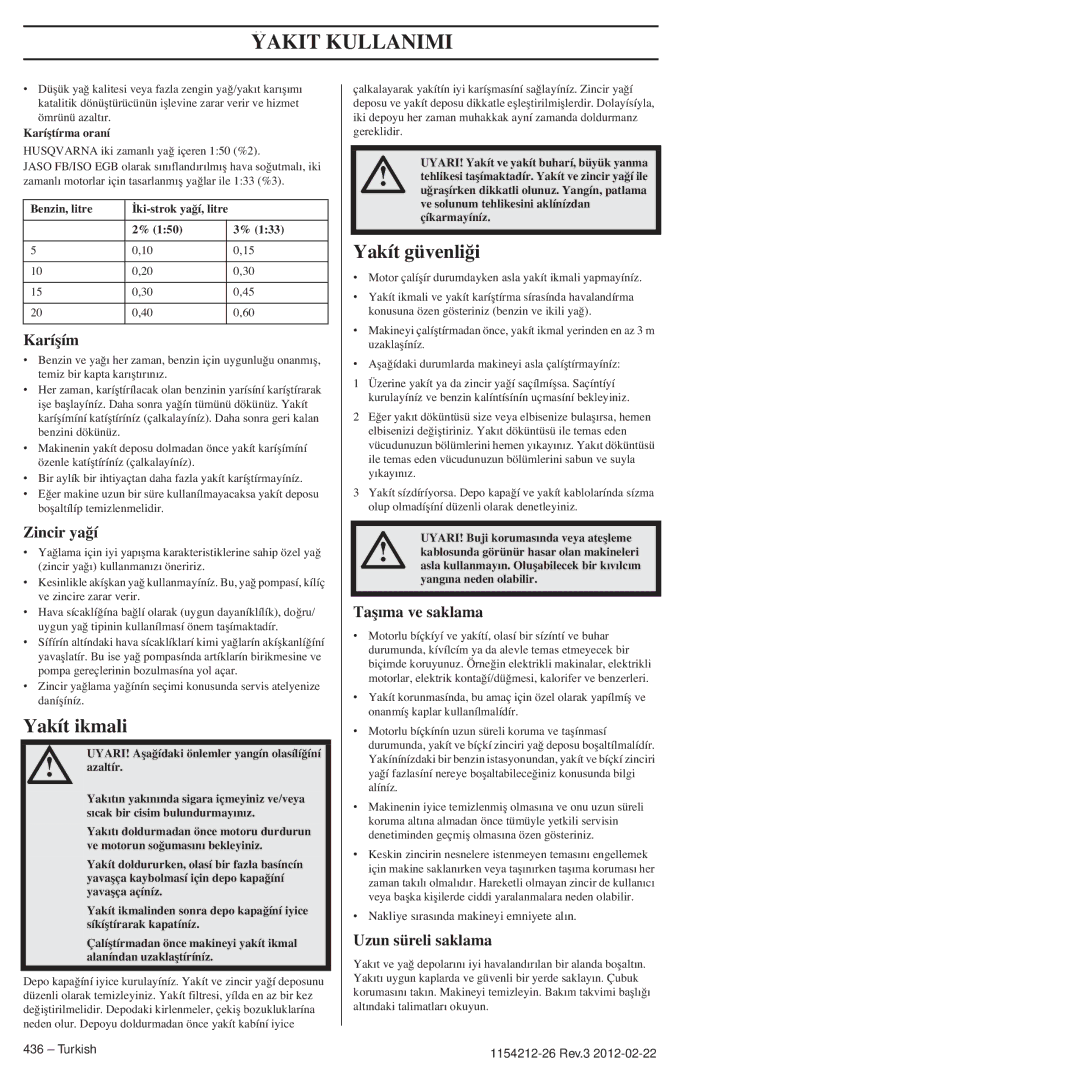 Husqvarna 952802154 manuel dutilisation Yakít ikmali, Yakít güvenli¤i 
