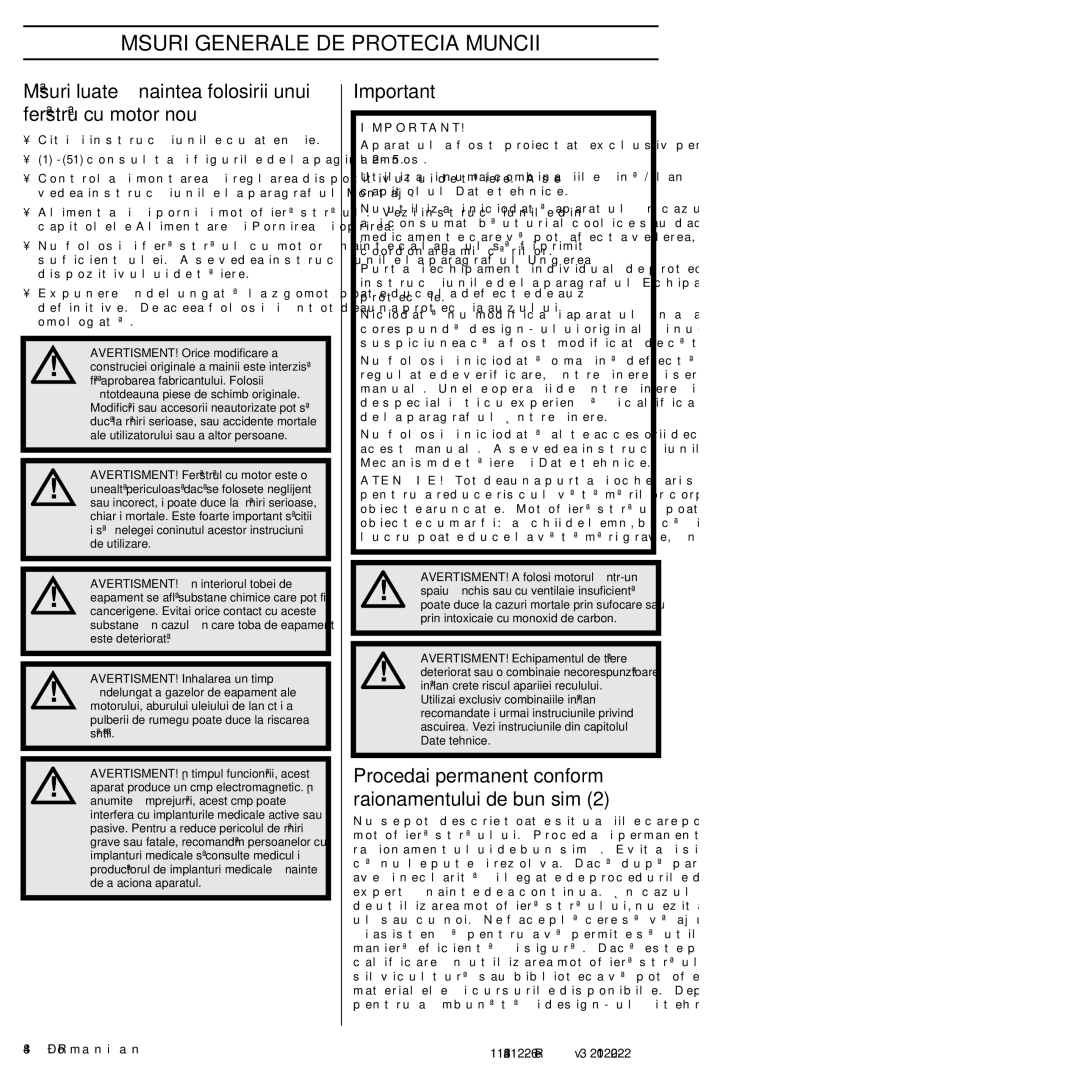 Husqvarna 952802154 Mâsuri Generale DE Protecöia Muncii, Mãsuri luate înaintea folosirii unui ferãstrãu cu motor nou 