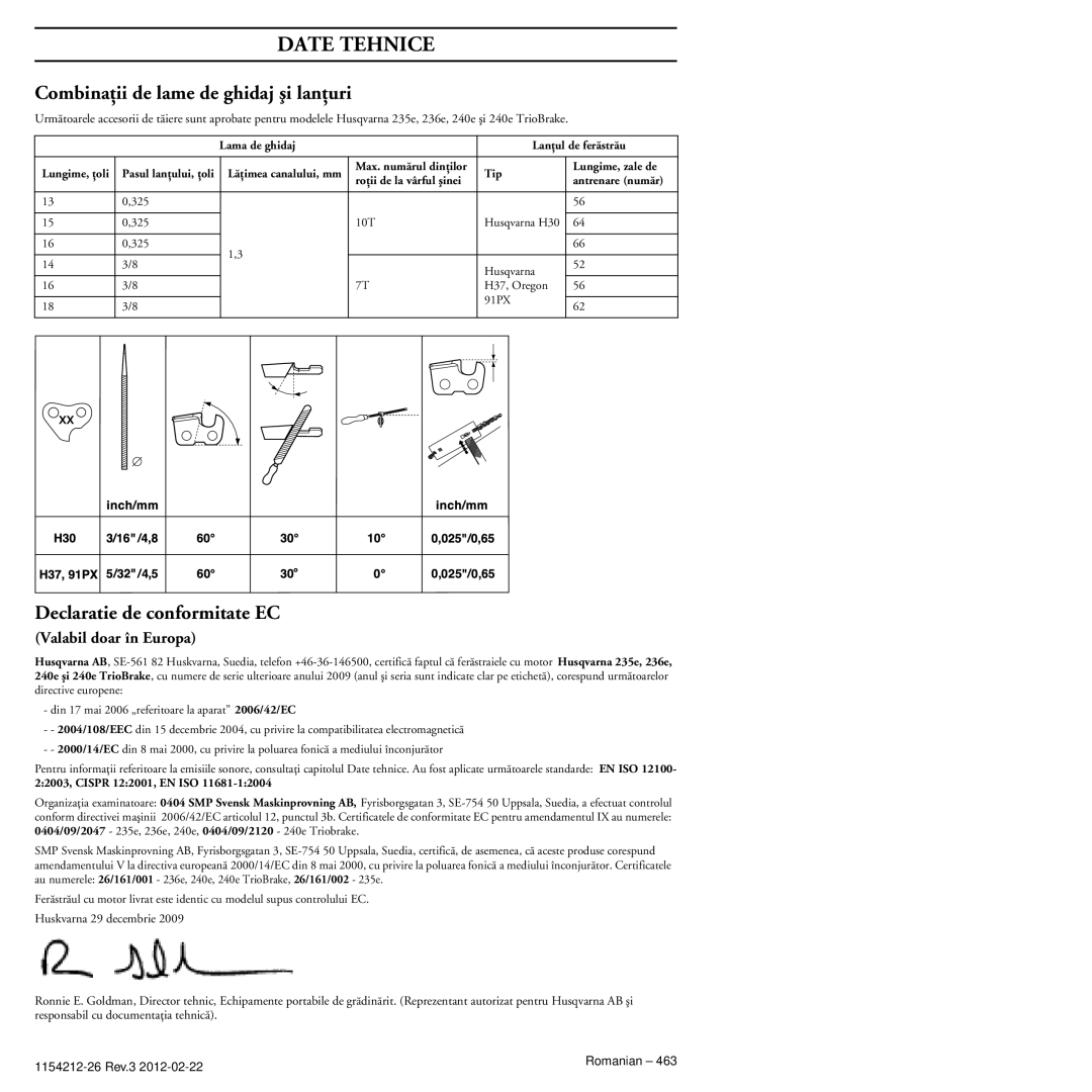 Husqvarna 952802154 Combinaöii de lame de ghidaj äi lanöuri, Declaratie de conformitate EC, Valabil doar în Europa 