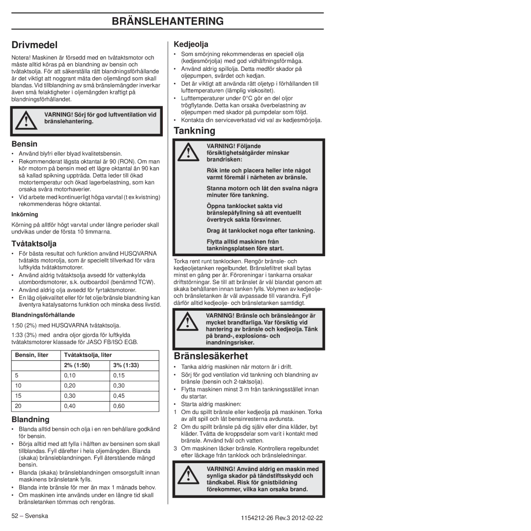 Husqvarna 952802154 manuel dutilisation Bränslehantering, Drivmedel, Tankning, Bränslesäkerhet 