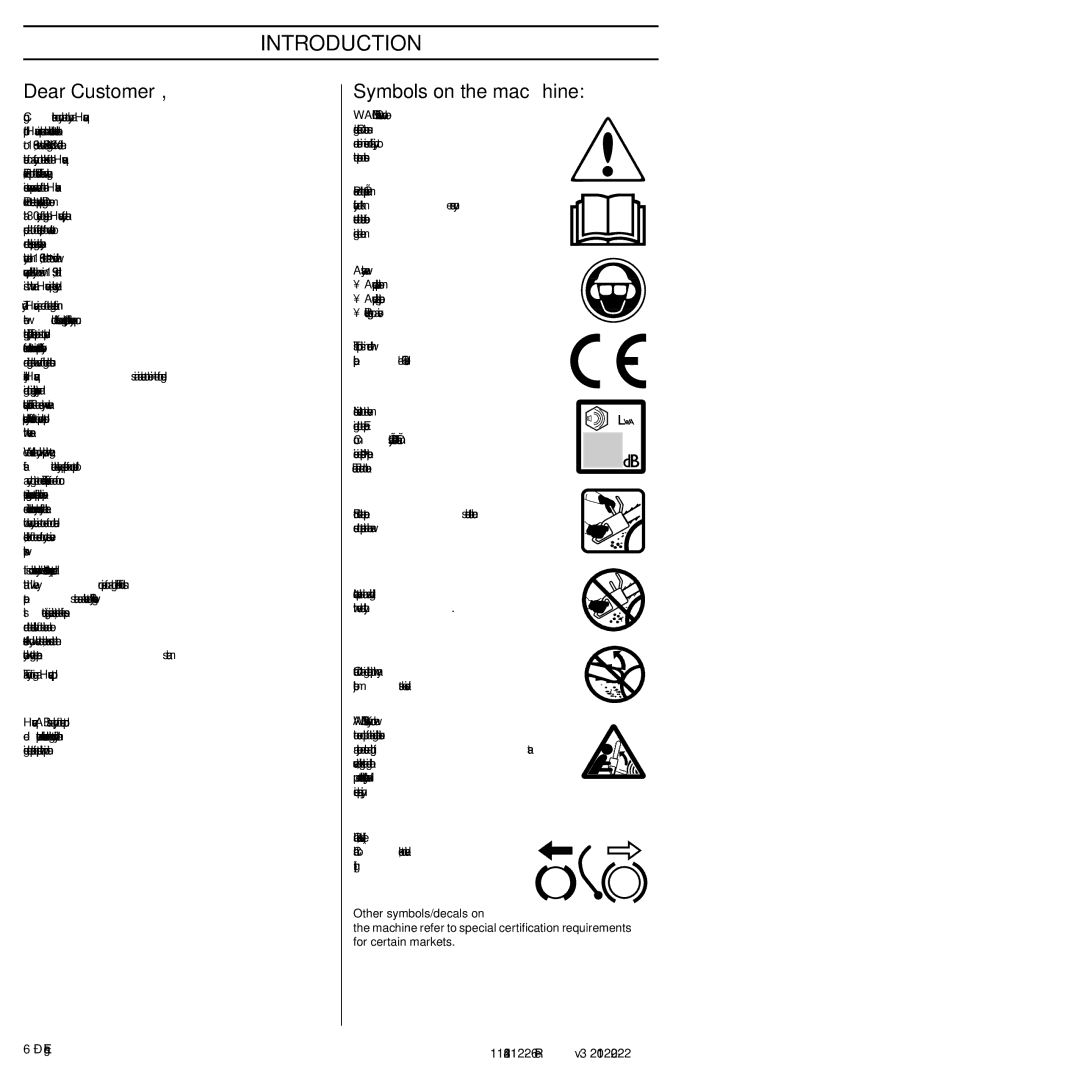 Husqvarna 952802154 Introduction, Dear Customer, Symbols on the machine, Thank you for using a Husqvarna product 