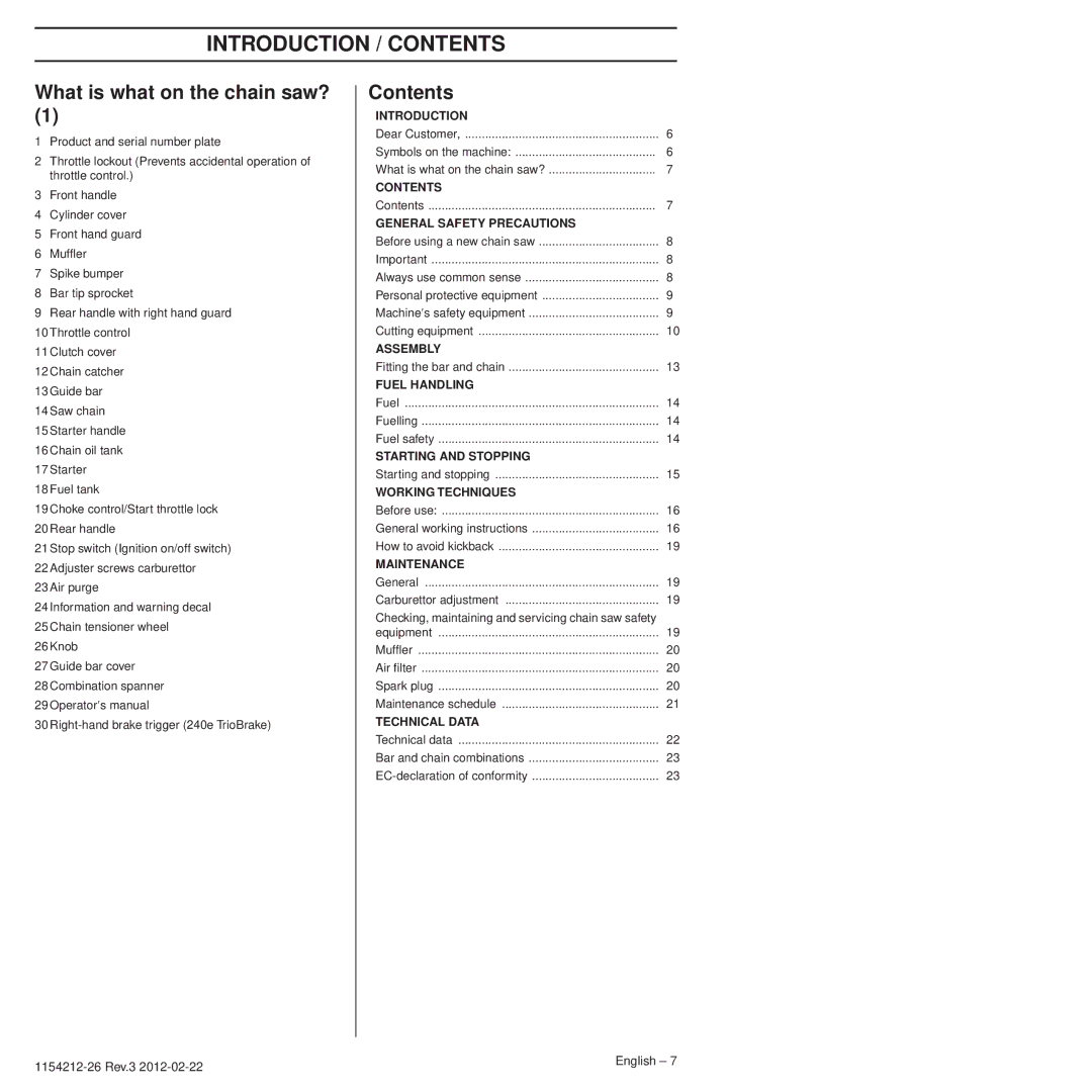 Husqvarna 952802154 manuel dutilisation Introduction / Contents 