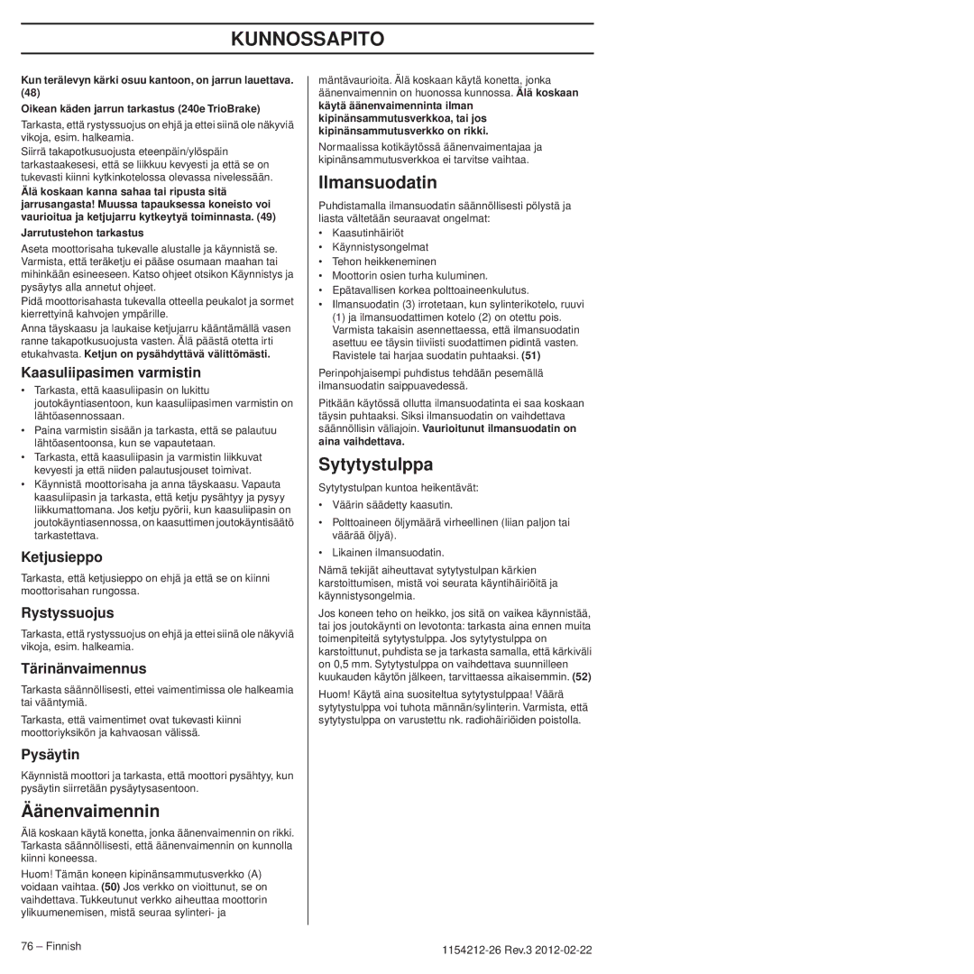 Husqvarna 952802154 manuel dutilisation Kunnossapito, Äänenvaimennin, Ilmansuodatin, Sytytystulppa 