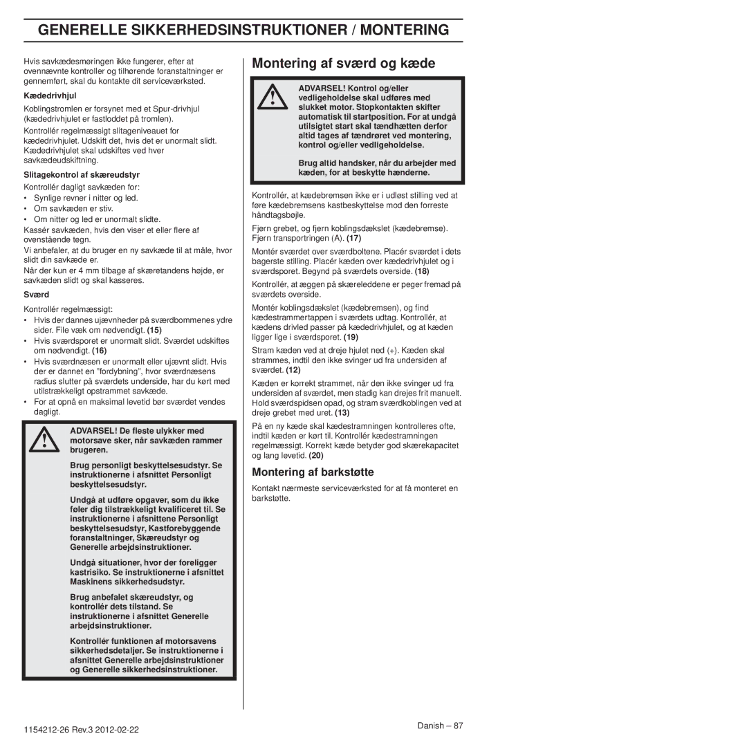 Husqvarna 952802154 Generelle Sikkerhedsinstruktioner / Montering, Montering af sværd og kæde, Montering af barkstøtte 