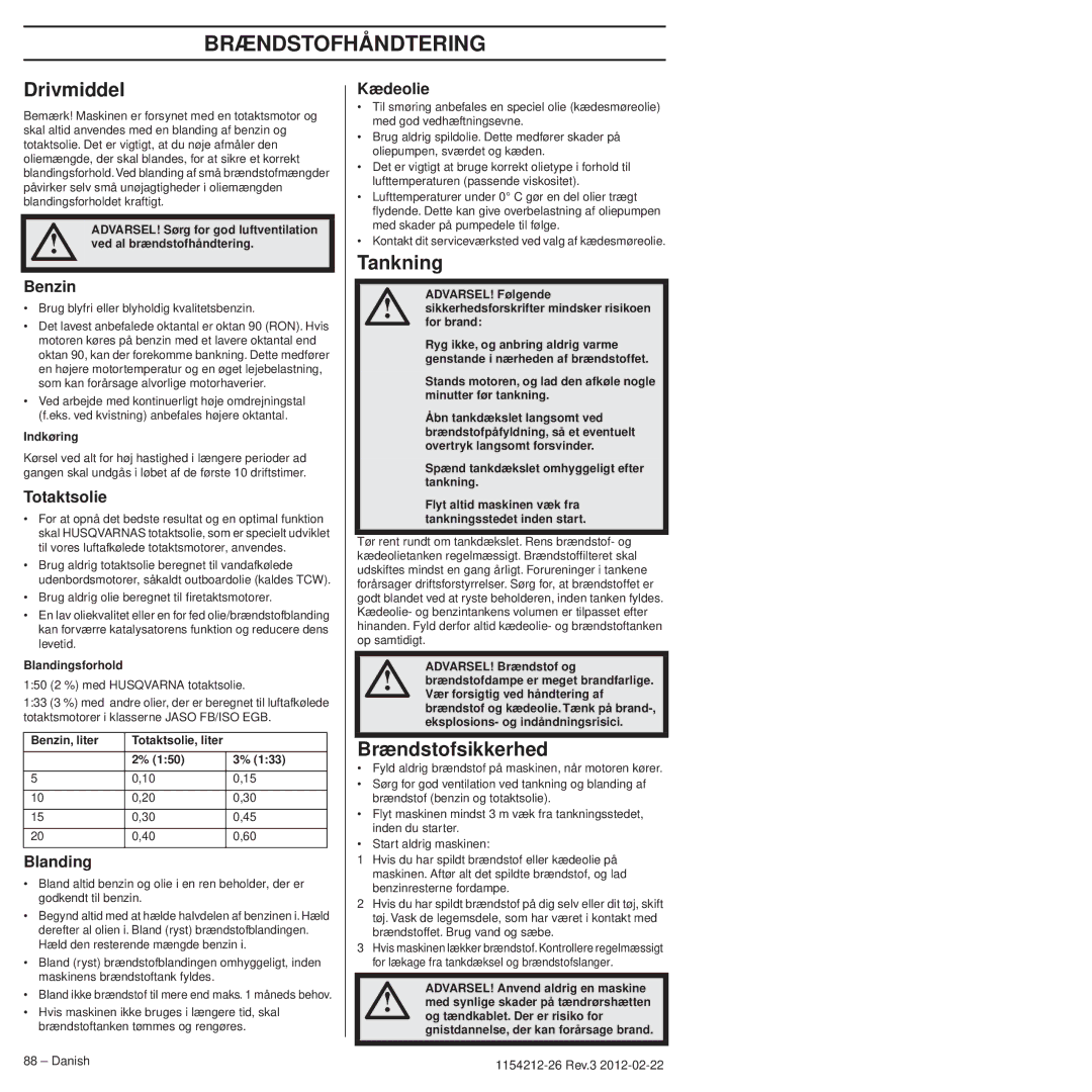 Husqvarna 952802154 manuel dutilisation Brændstofhåndtering, Drivmiddel, Brændstofsikkerhed 